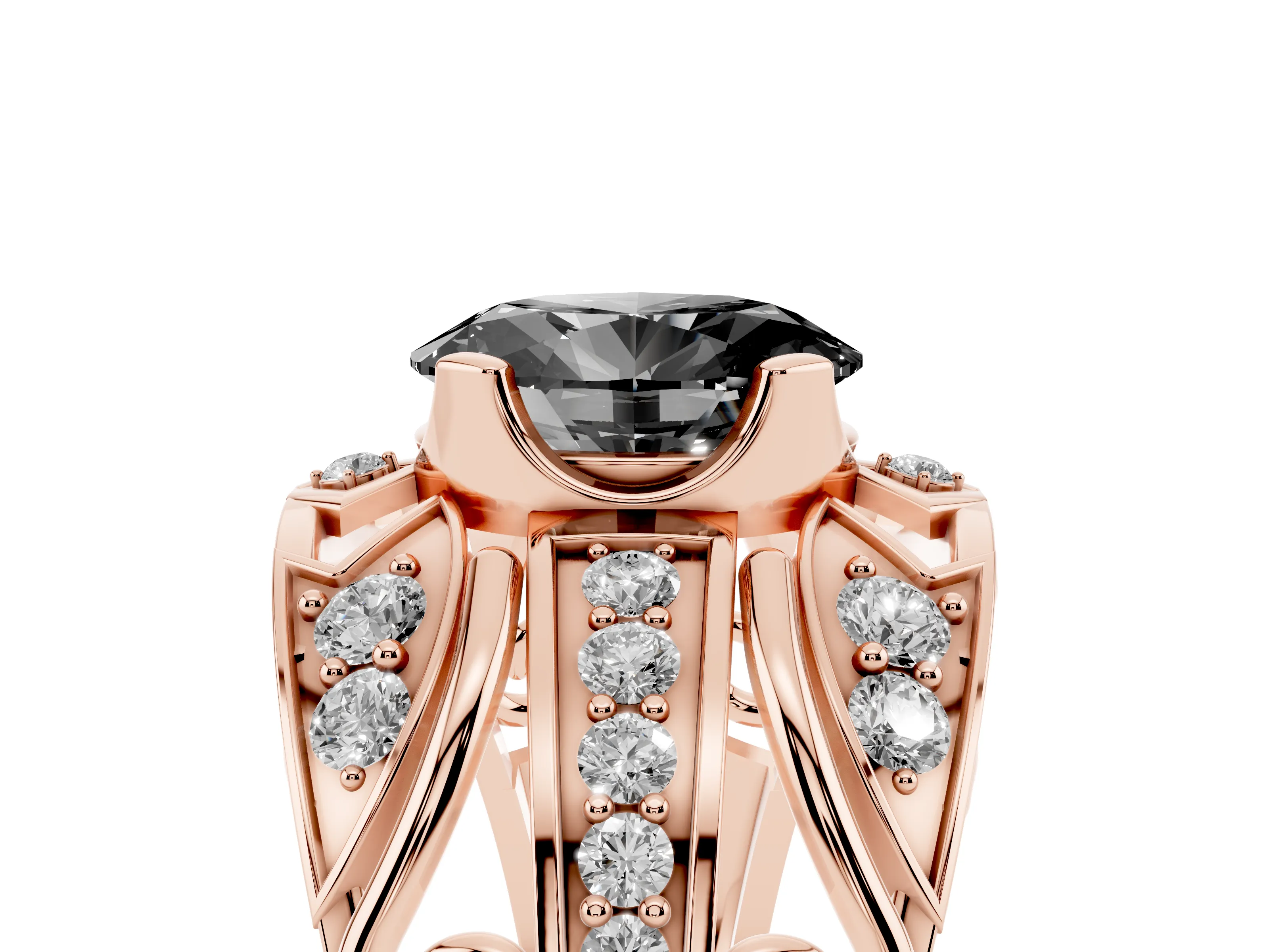 Fancy Black Oval Cut Diamond Art Deco Ring Set in Rose gold with Pavé Split Shank