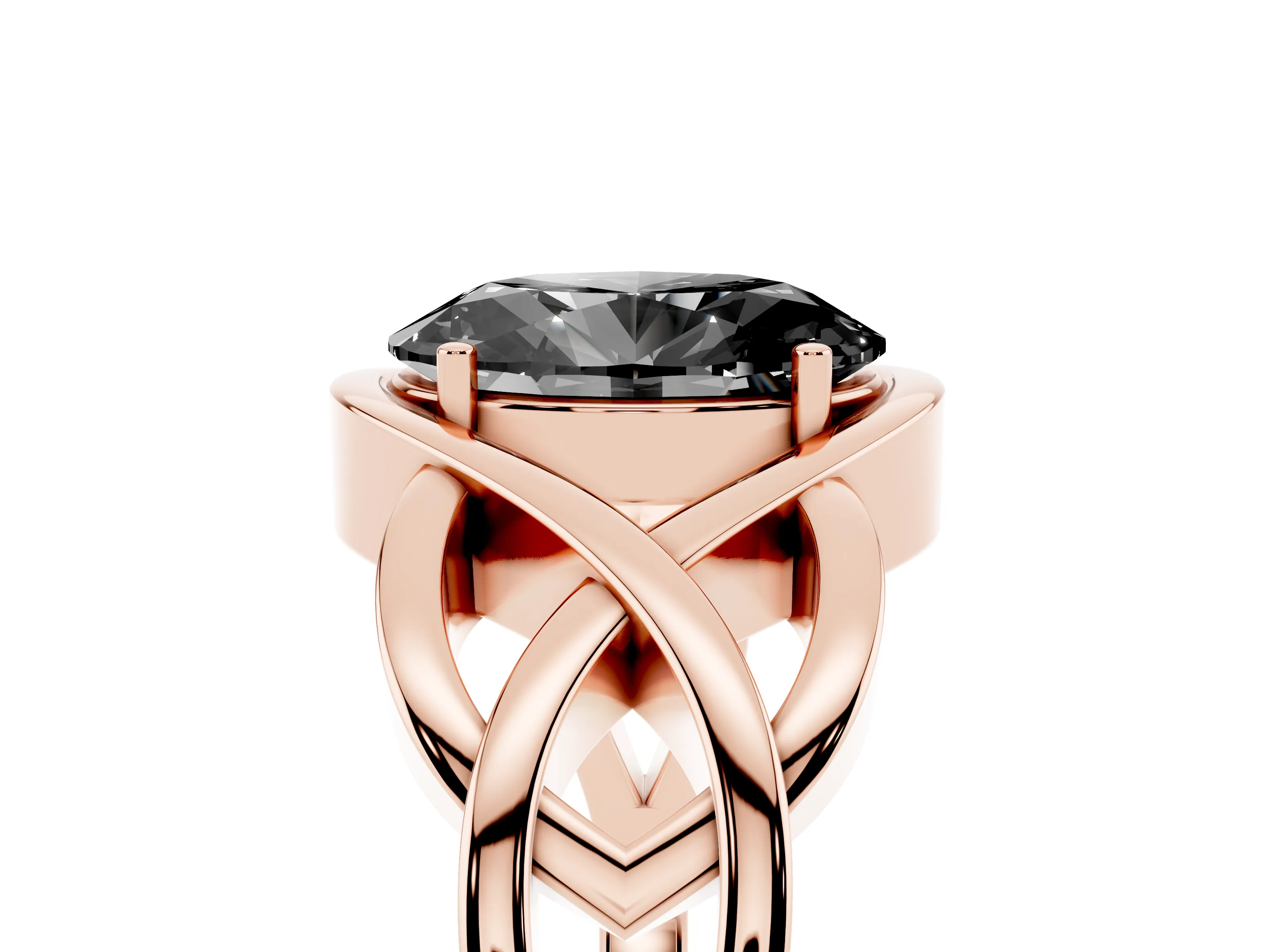 Fancy Black Oval Cut Diamond Solitaire Ring Set in Rose gold with Intertwined Band