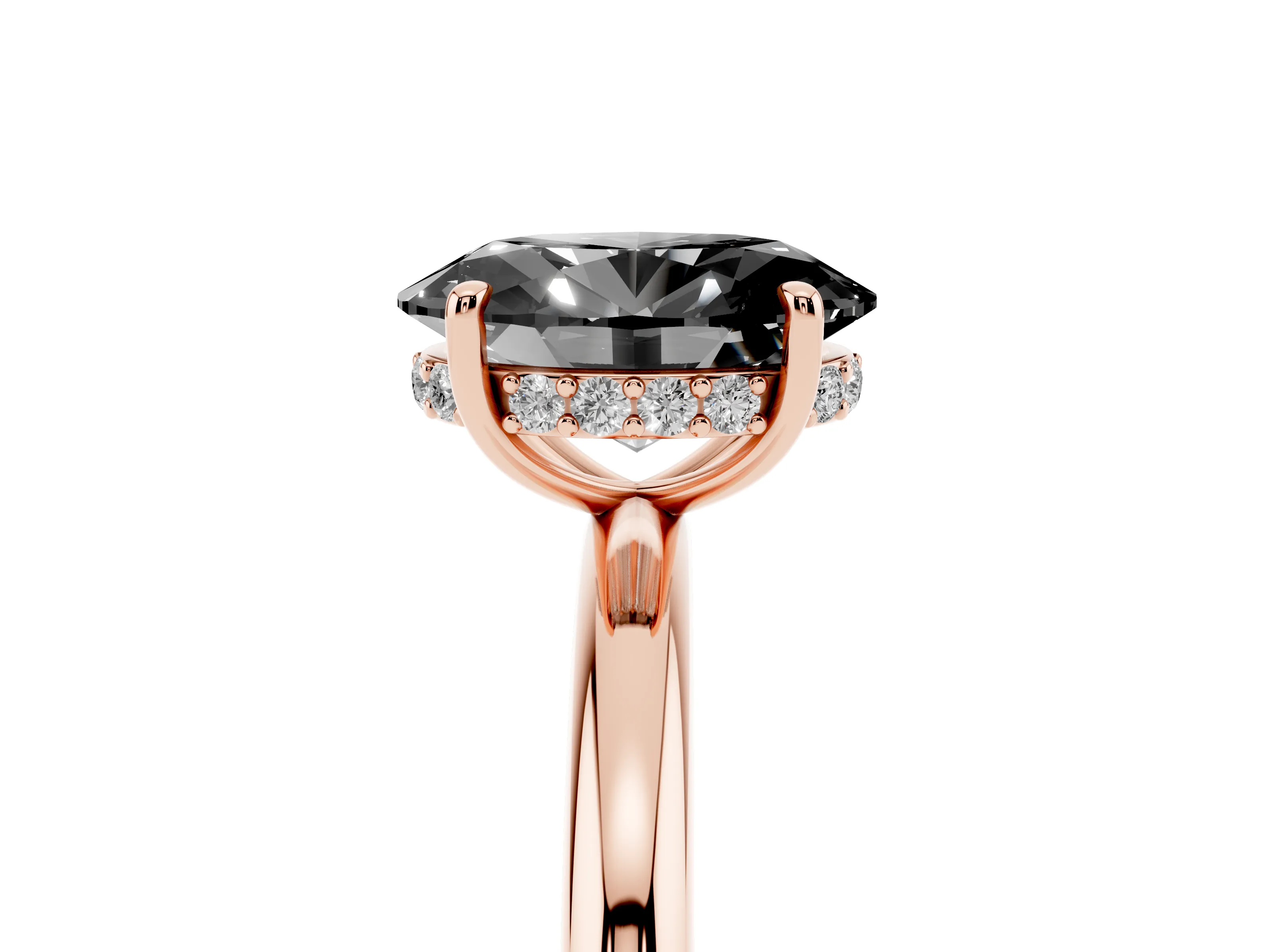 Fancy Black Oval Cut Diamond Solitaire Ring Set in Rose gold with Thin Band and Prong Setting