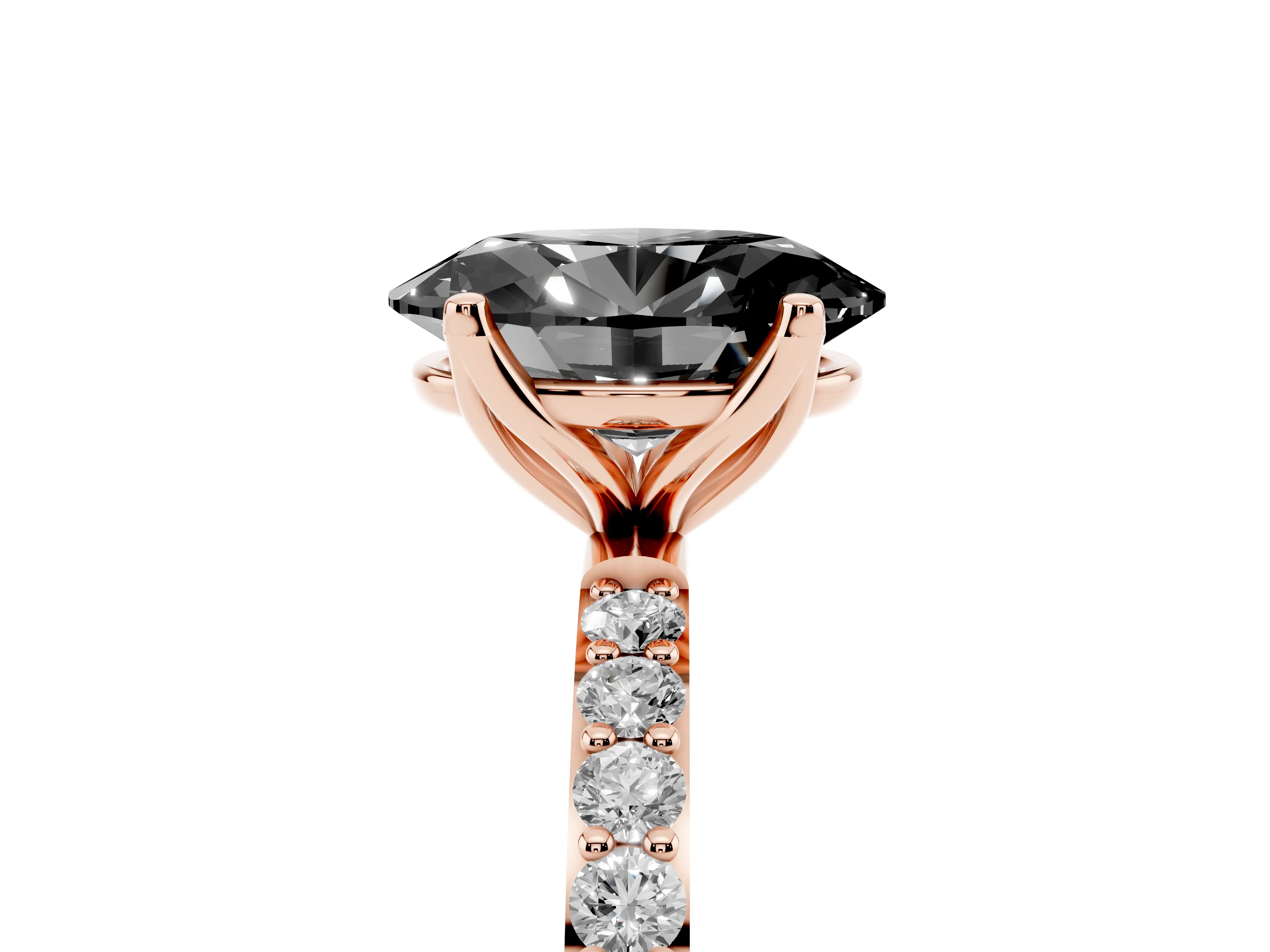 Fancy Black Oval Cut Diamond Solitaire Engagement Ring Set in Rose gold with Round Pavé Band and Prong Setting