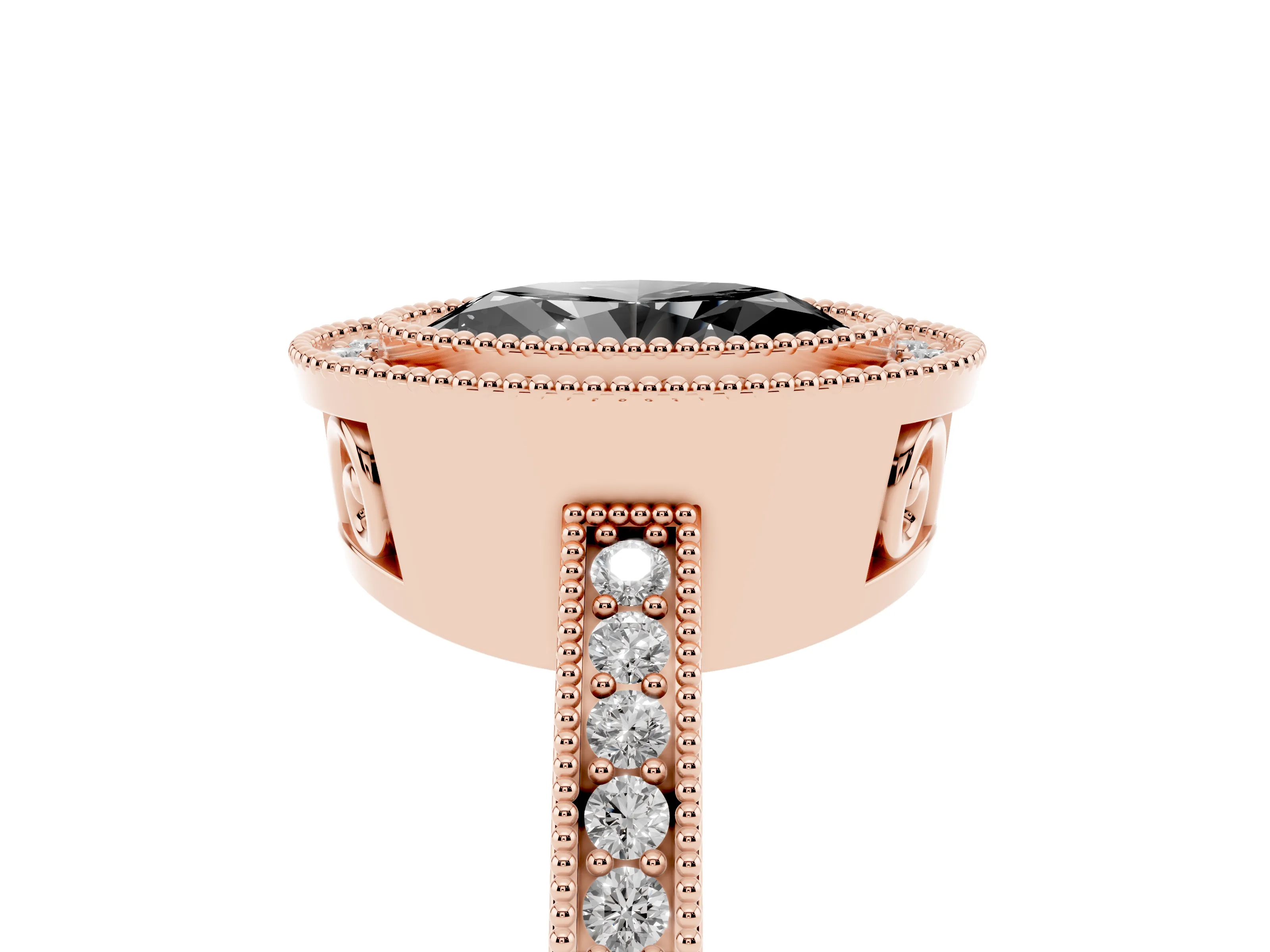 Fancy Black Oval Cut Diamond Round Halo Ring Set in Rose gold with Pavé Band