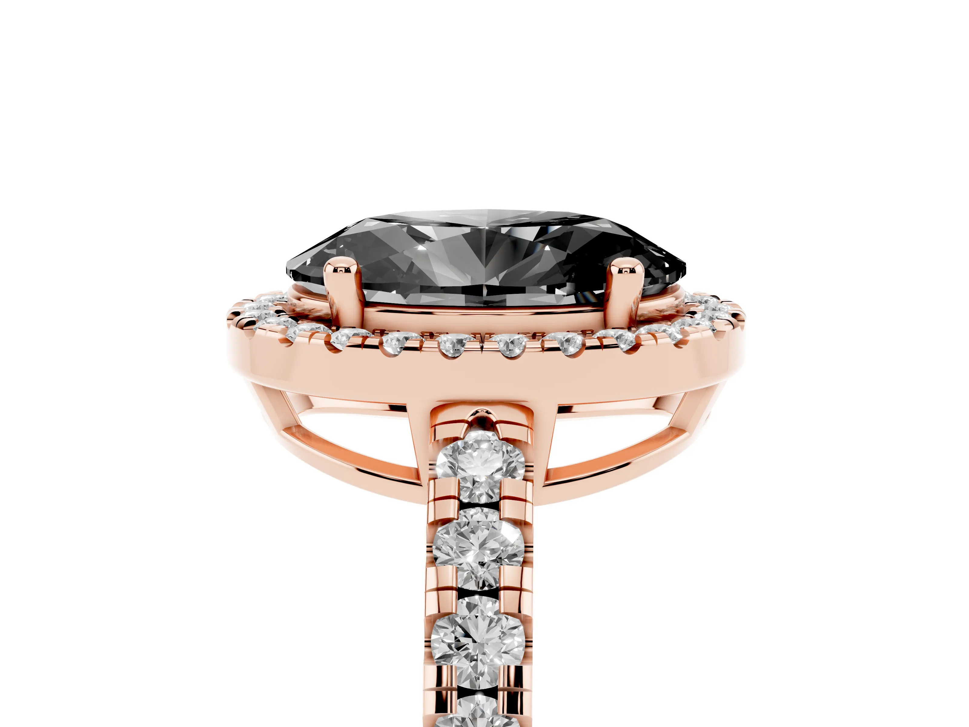 Fancy Black Oval Cut Diamond Halo Ring Set in Rose gold with Delicate Pavé Band and Prong Setting