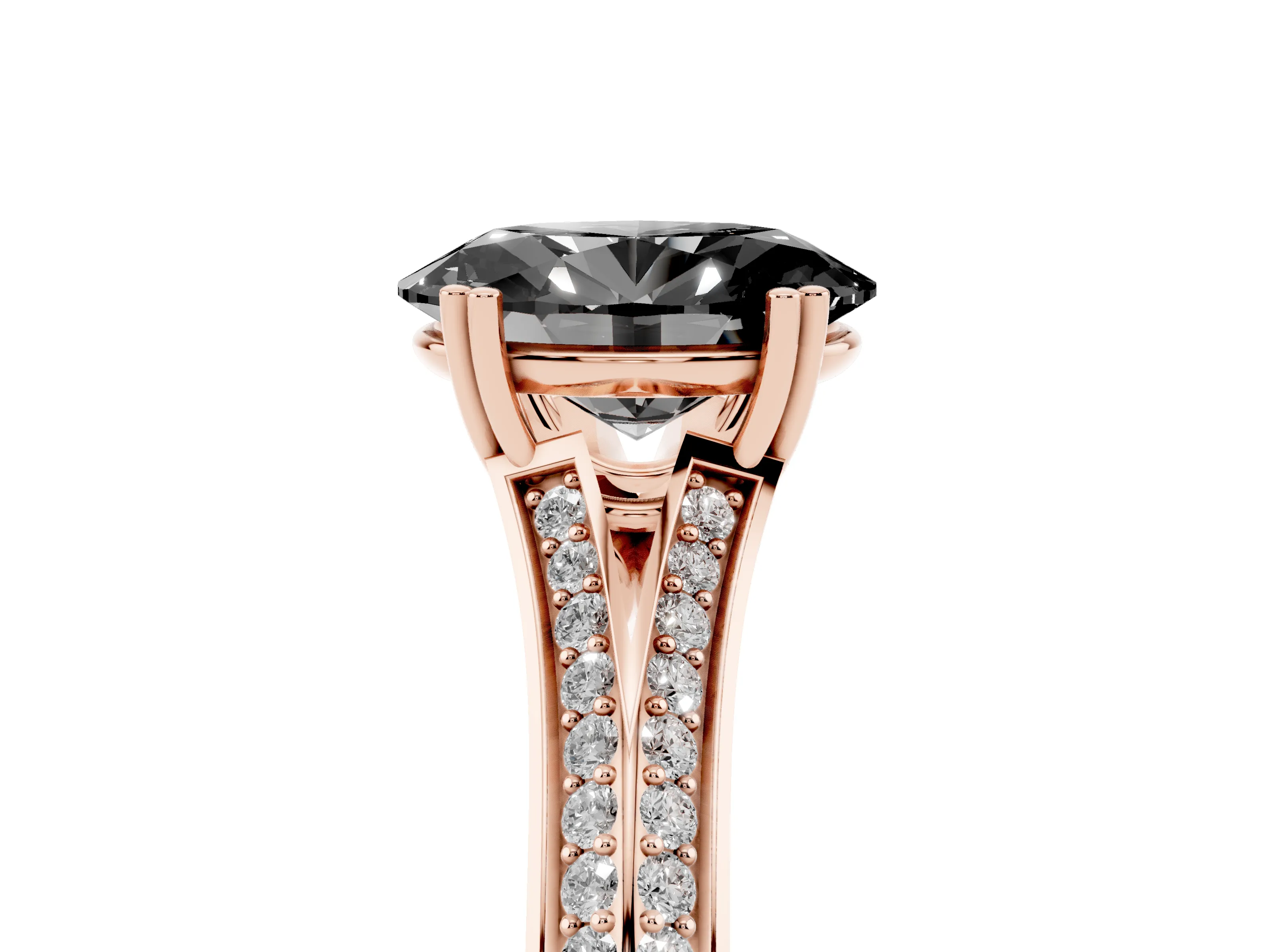 Fancy Black Oval Cut Diamond Split Shank Pavé Engagement Ring Set in Rose gold with Prong-Set Center Stone