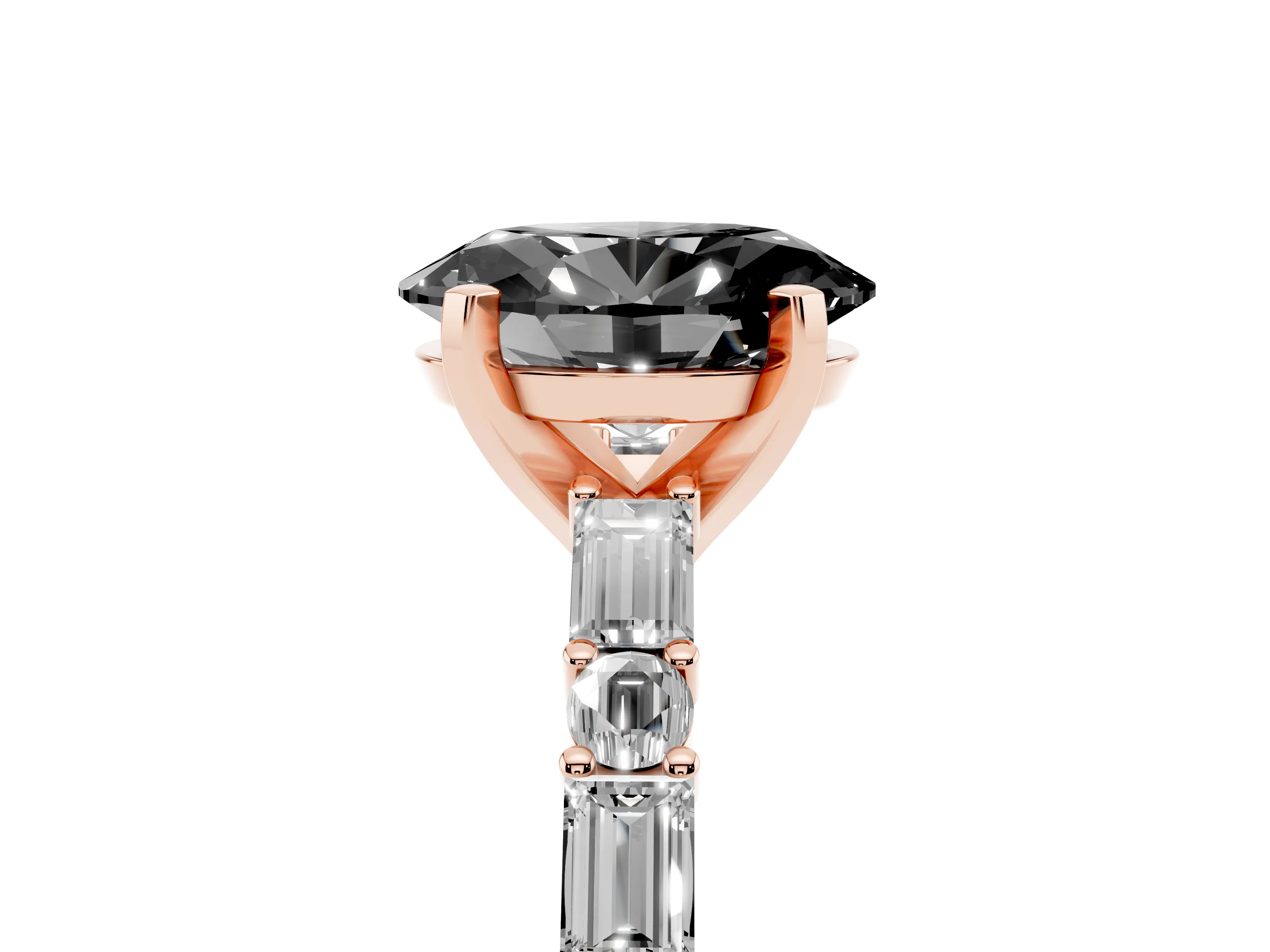 Fancy Black Oval Cut Diamond Solitaire Set in Rose gold with Side Baguettes and Channel Set Band