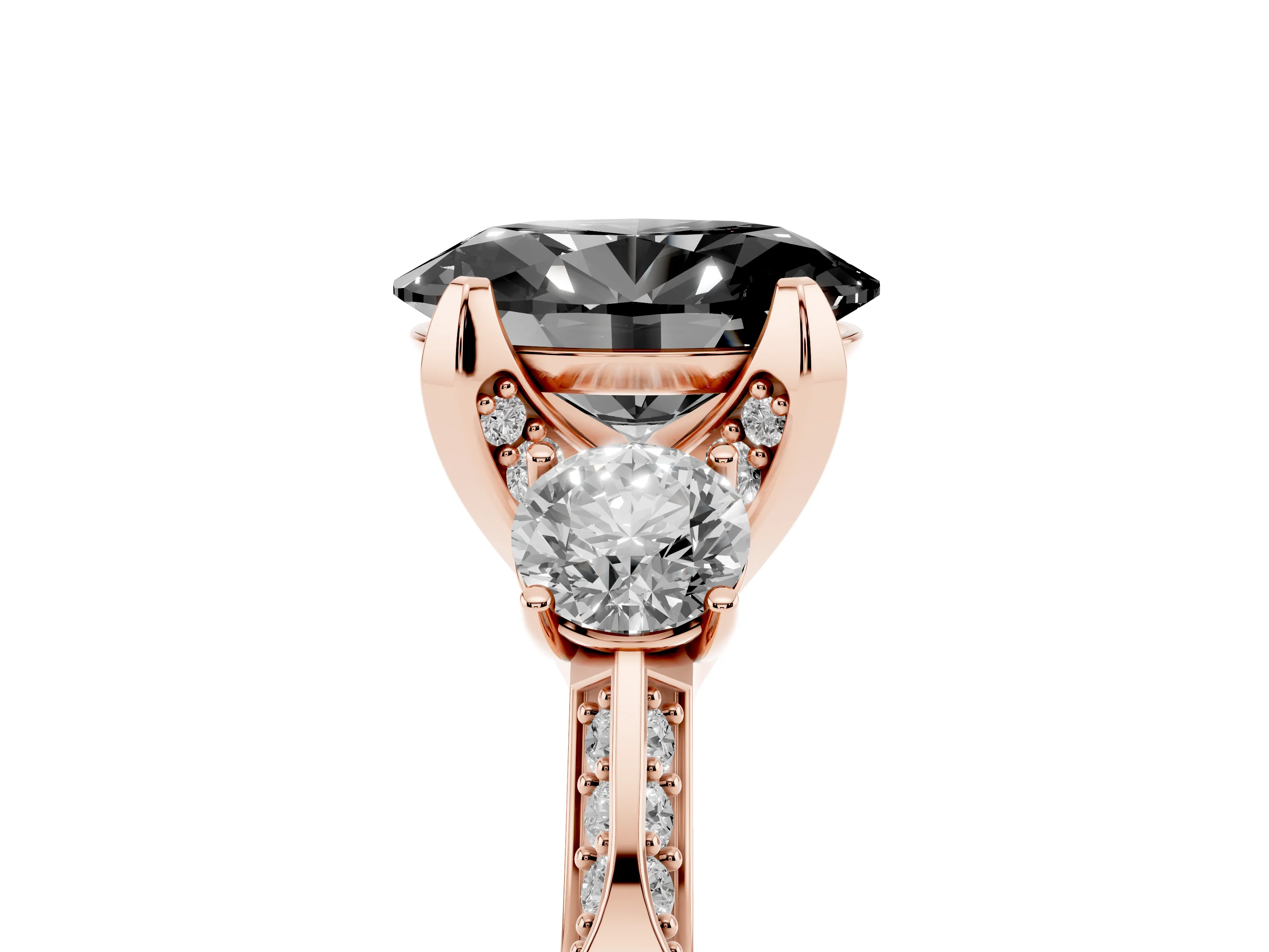 Fancy Black Oval Cut Diamond Three-Stone Ring Set in Rose gold with Pavé Band and Smaller Side Stones