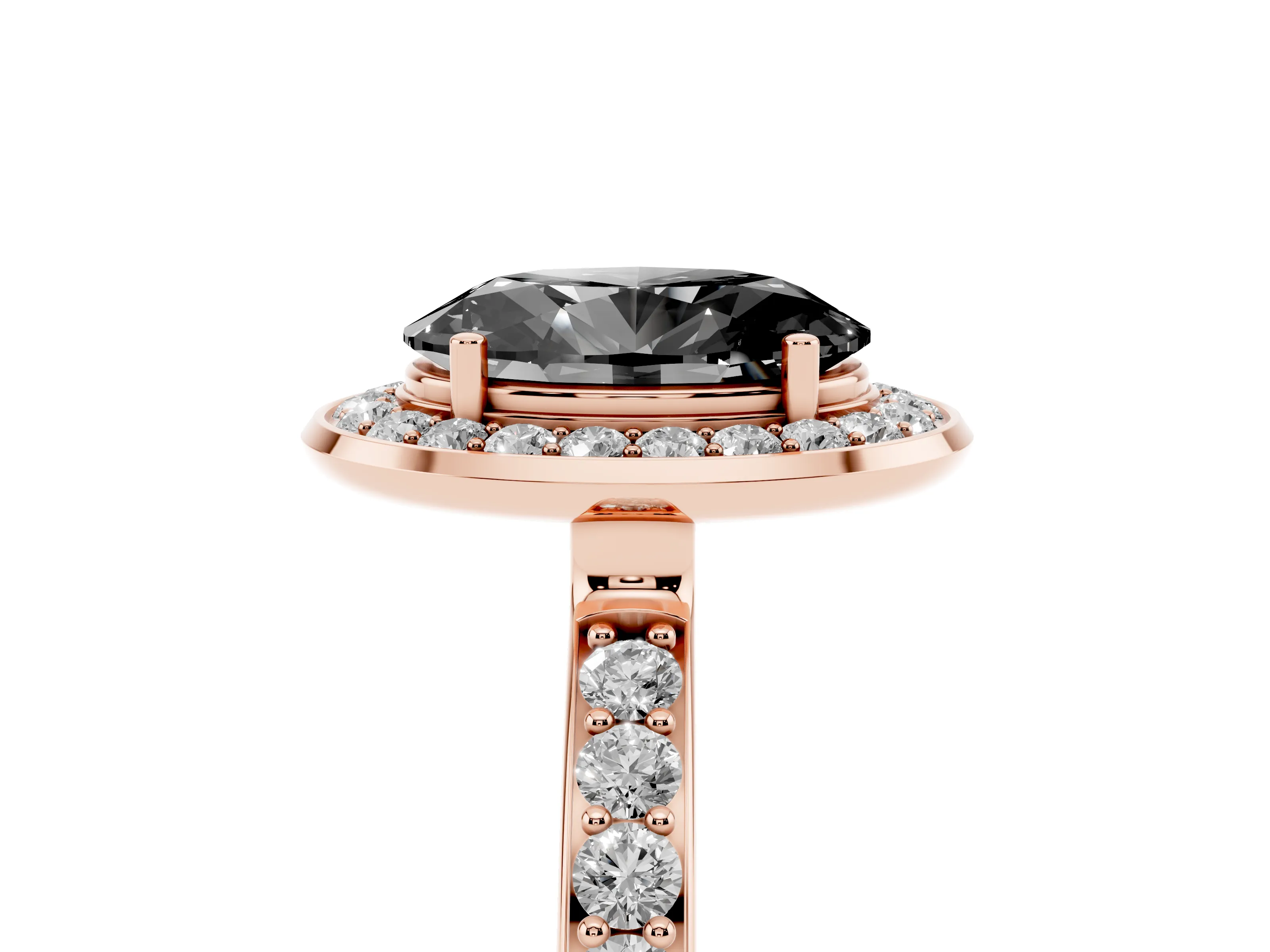 Fancy Black Oval Cut Diamond Halo Ring Set in Rose gold with Bezel Frame and Pavé Band