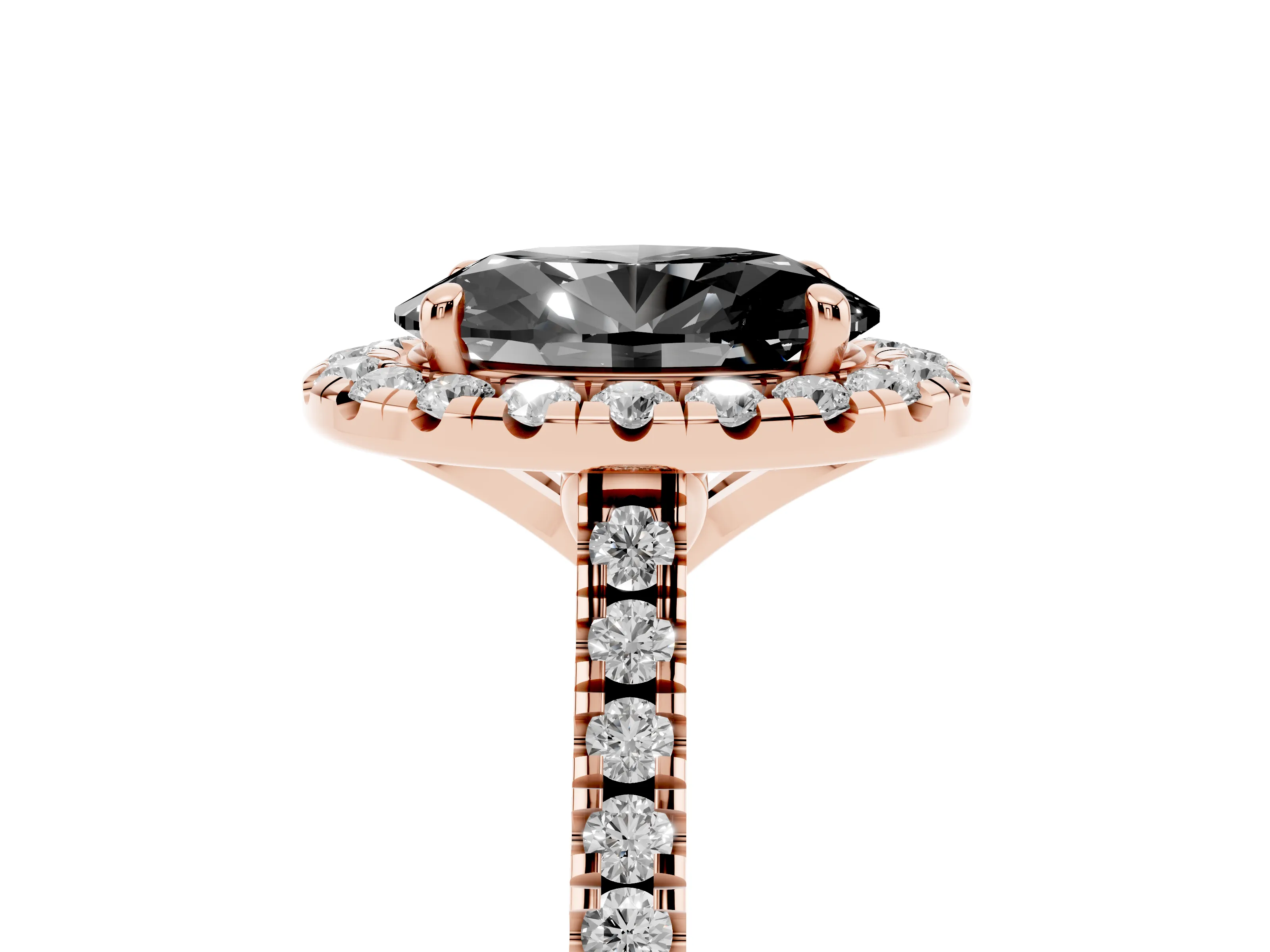 Fancy Black Oval Cut Diamond Cushion Halo Ring Set in Rose gold with Pavé Band