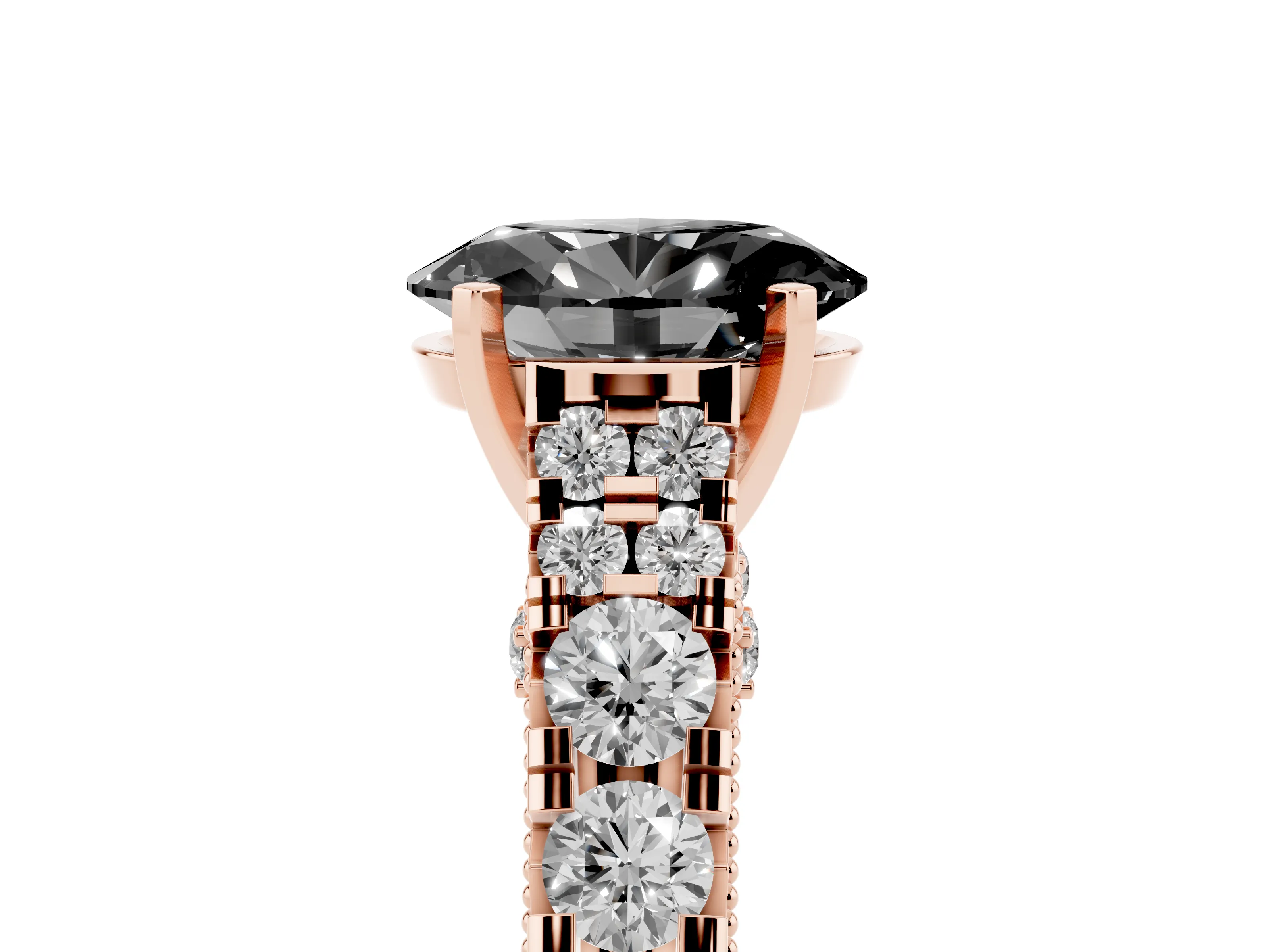 Fancy Black Oval Cut Diamond Classic Solitaire Ring Set in Rose gold with Pavé Band and Prong Setting