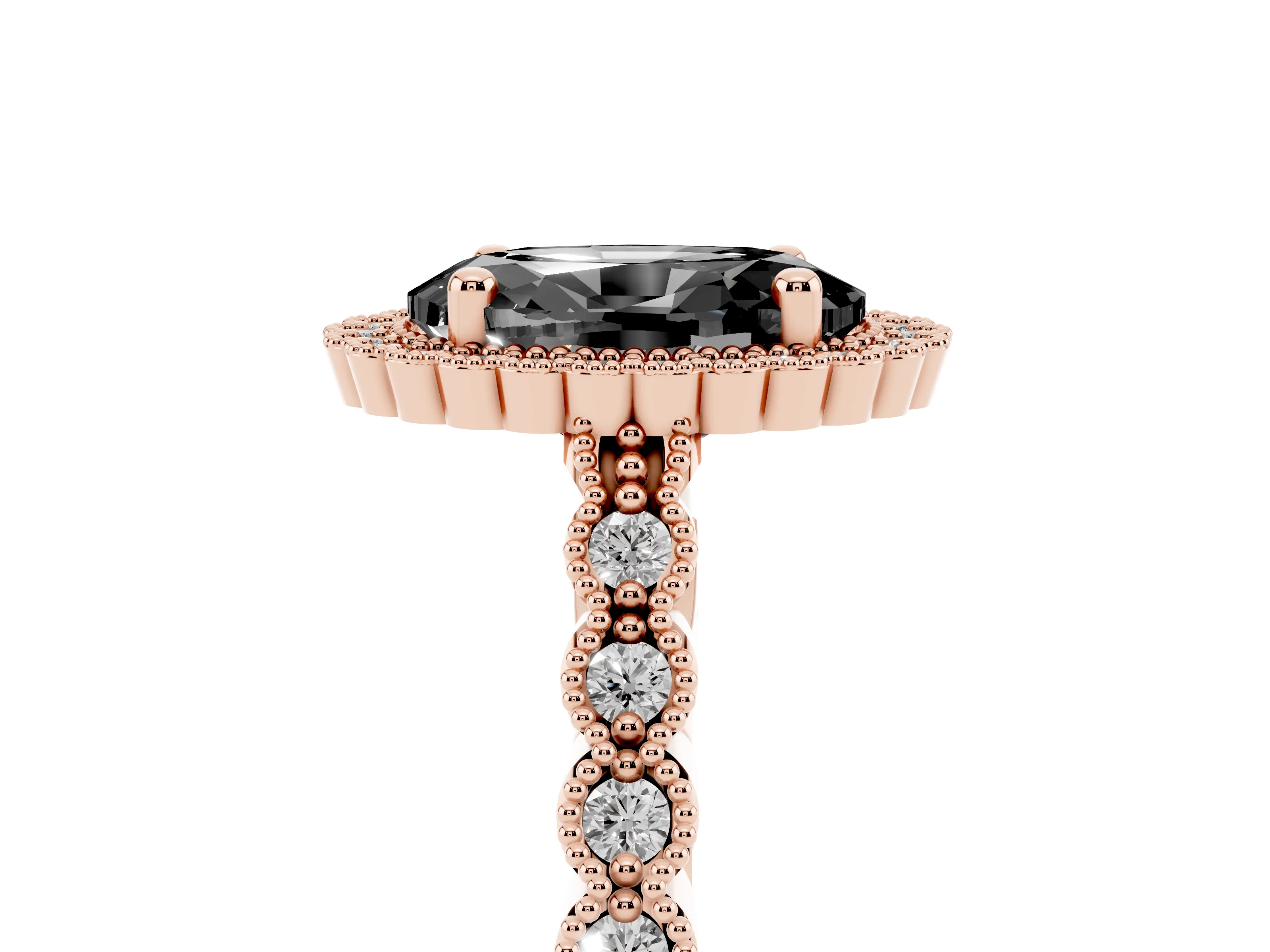 Fancy Black Oval Cut Diamond Halo Ring Set in Rose gold with Pavé Milgrain Band