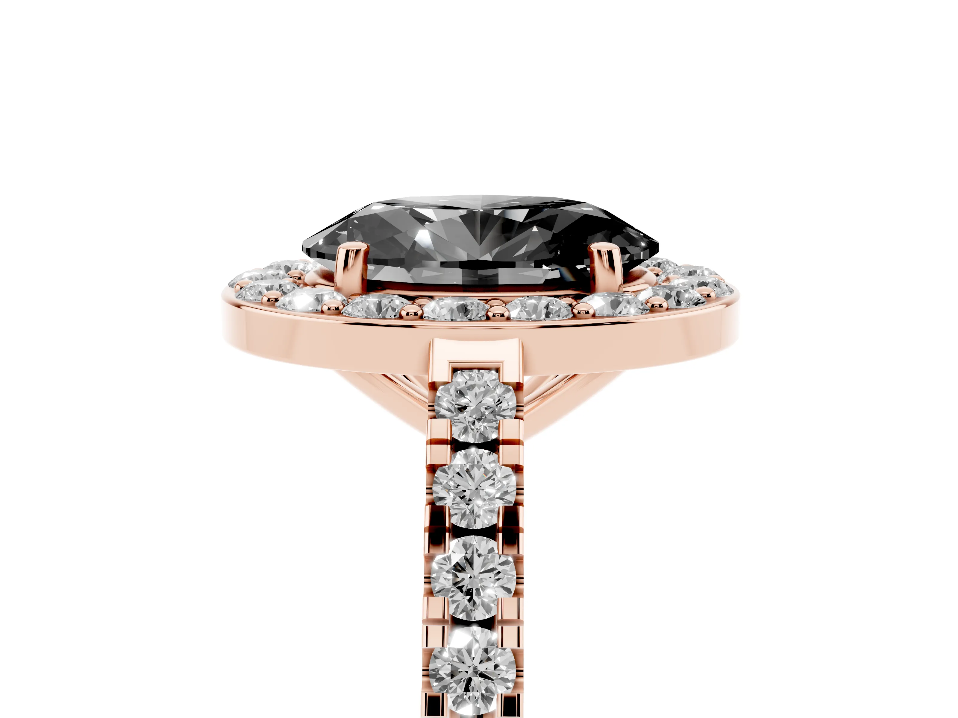 Fancy Black Oval Cut Diamond Halo Ring Set in Rose gold with Round Pavé Split Shank and Prong Setting