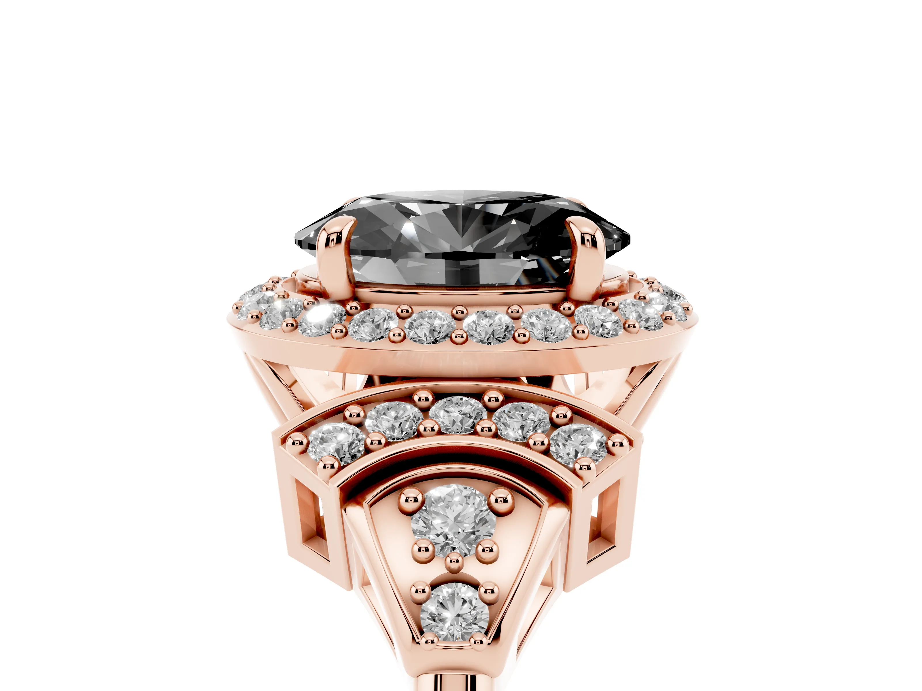 Fancy Black Oval Cut Diamond Halo Engagement Ring Set in Rose gold with Accent Stone Split Shank