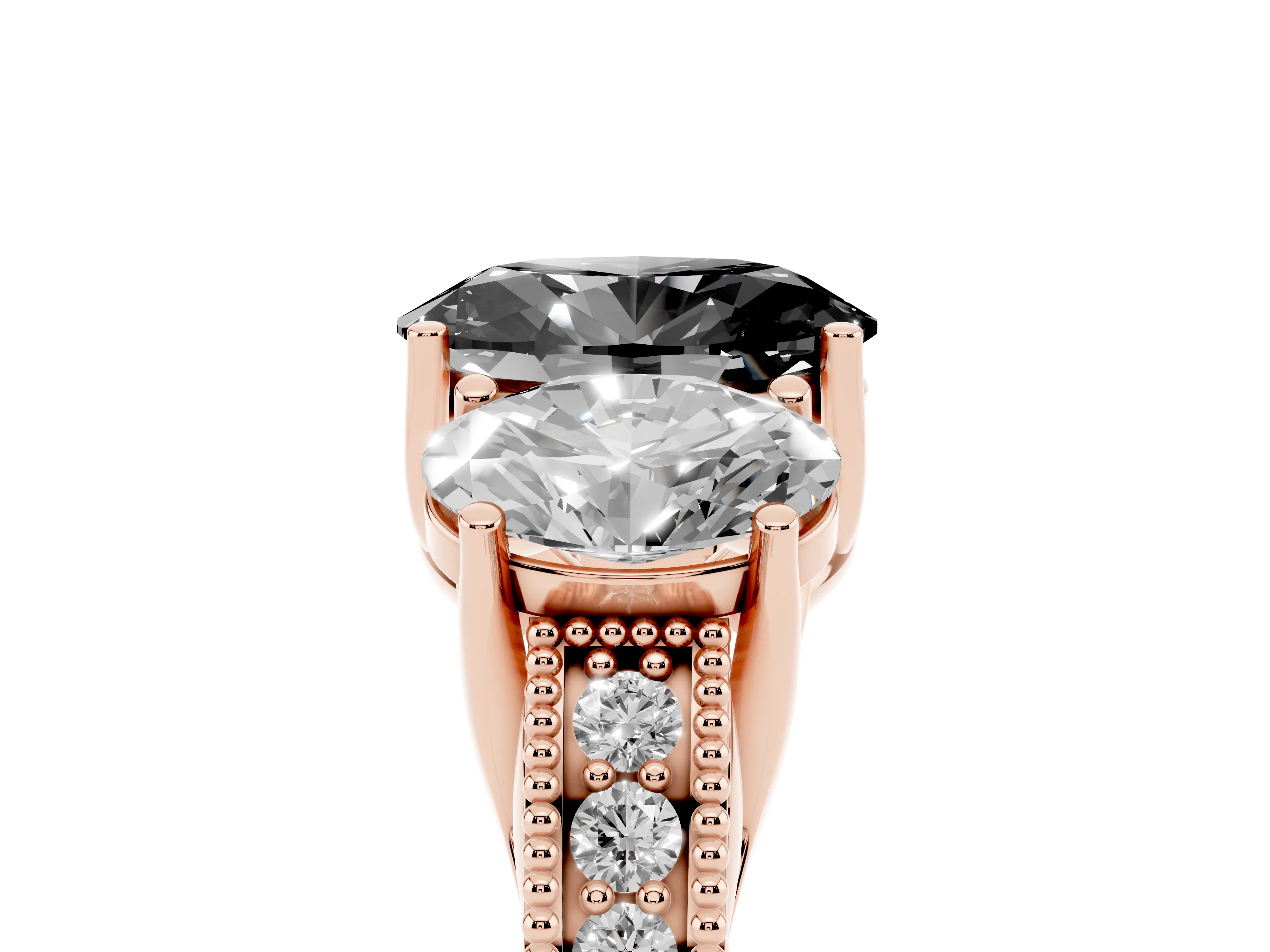 Fancy Black Oval Cut Diamond Three-Stone Engagement Ring Set in Rose gold with Milgrain Pavé Band