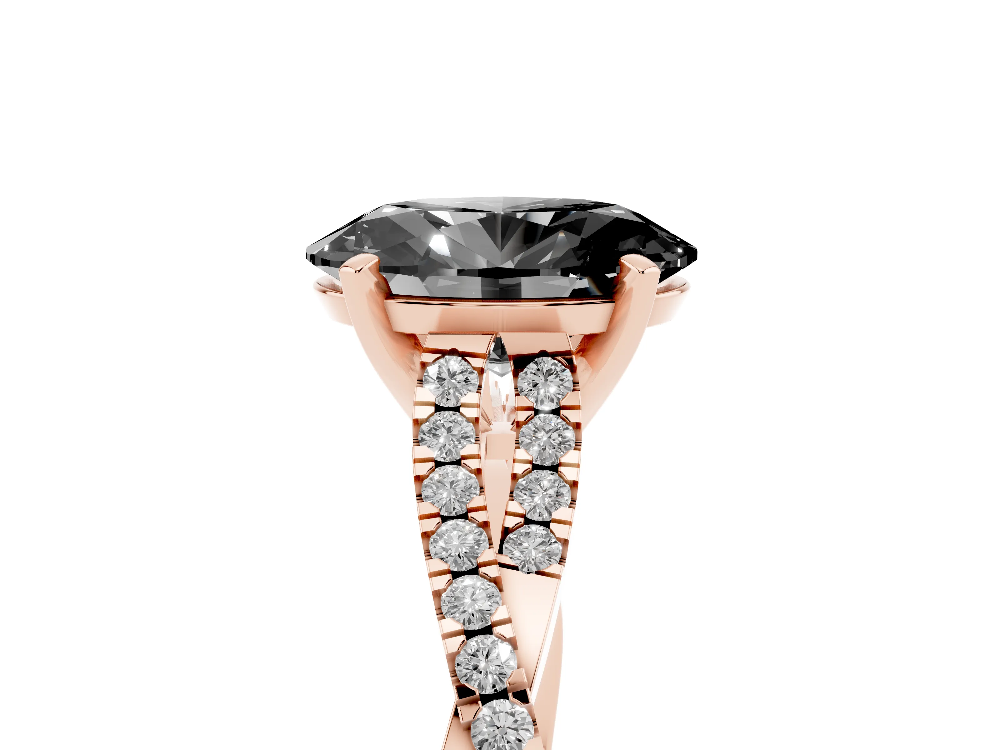 Fancy Black Oval Cut Diamond Solitaire Engagement Ring Set in Rose gold with Twisted Pavé Band and Prong Setting