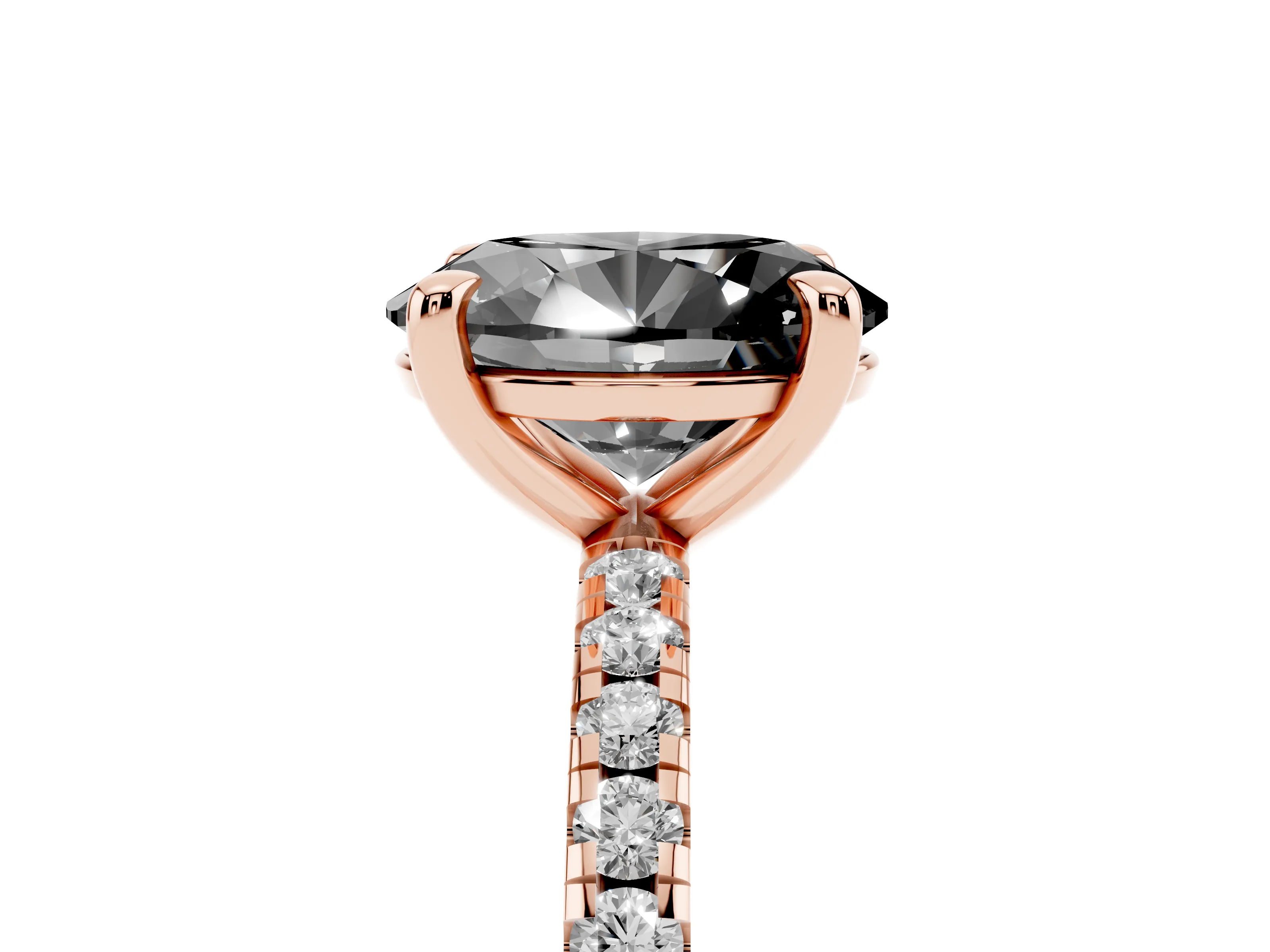 Fancy Black Oval Cut Diamond Brilliant Solitaire Ring Set in Rose gold with Pavé Band and Prong Setting