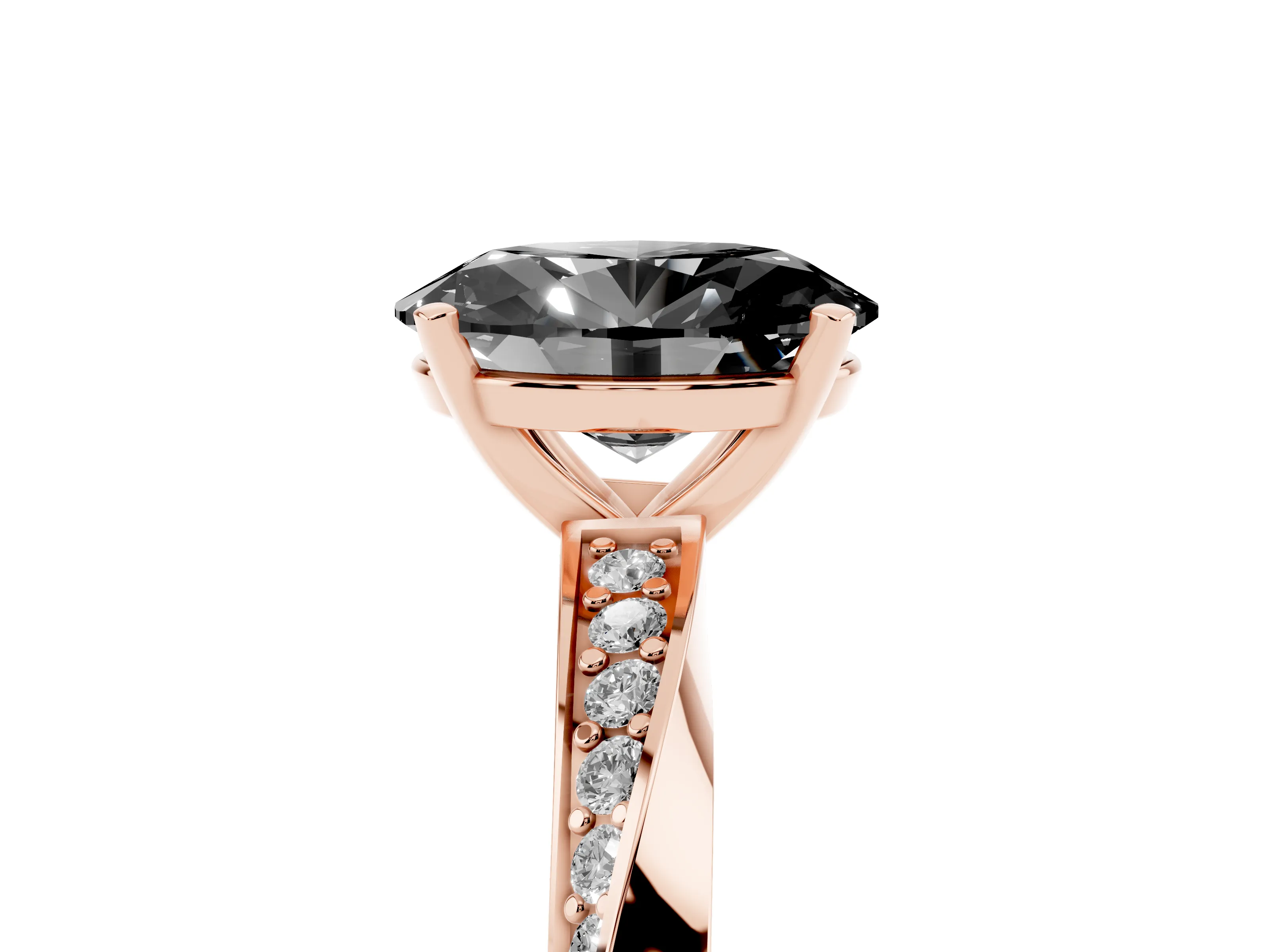 Fancy Black Oval Cut Diamond Engagement Ring Set in Rose gold with Side Stone Accents and Prong Setting