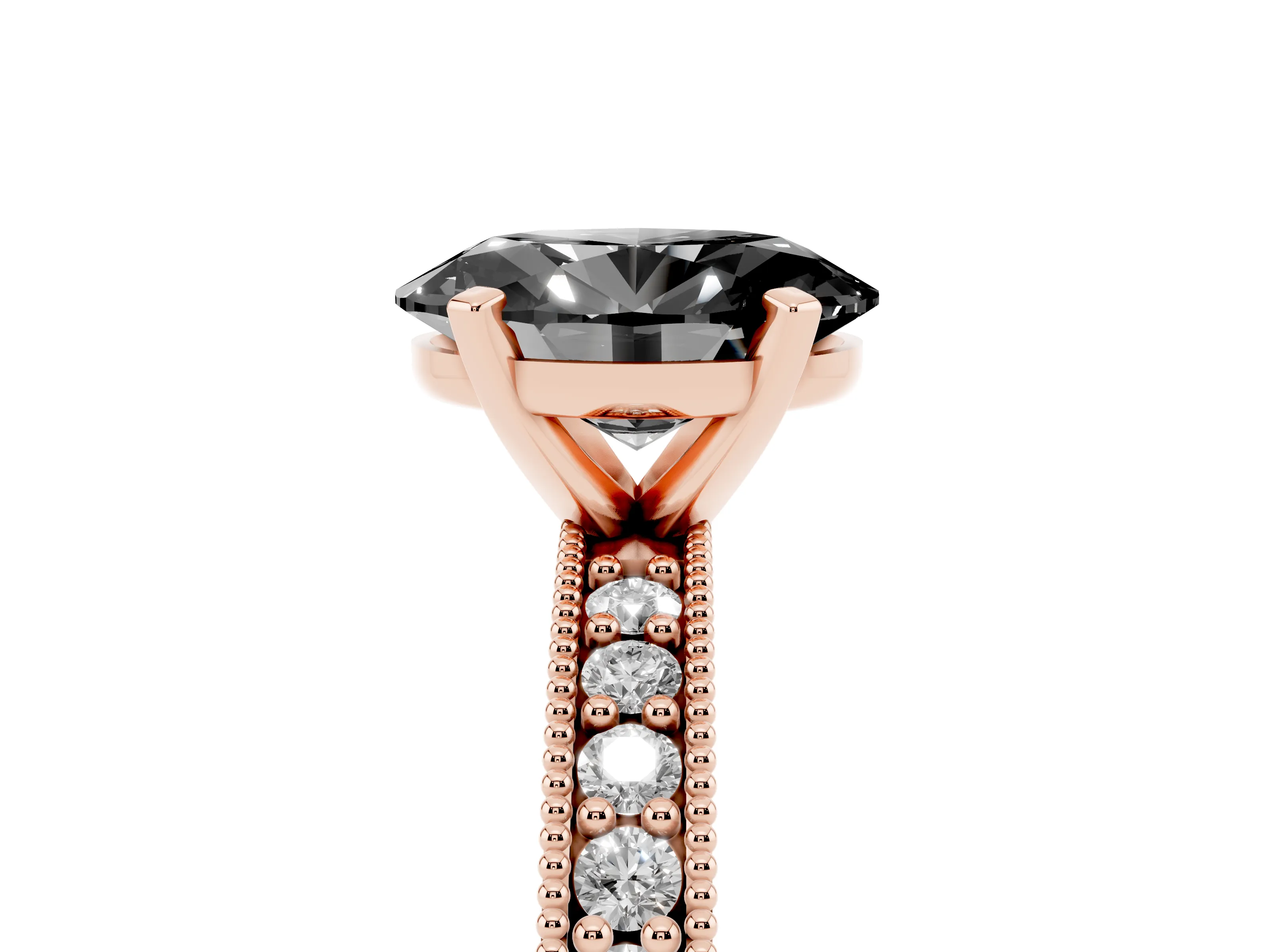 Fancy Black Oval Cut Diamond Milgrain Pavé Engagement Ring Set in Rose gold with Prong Setting