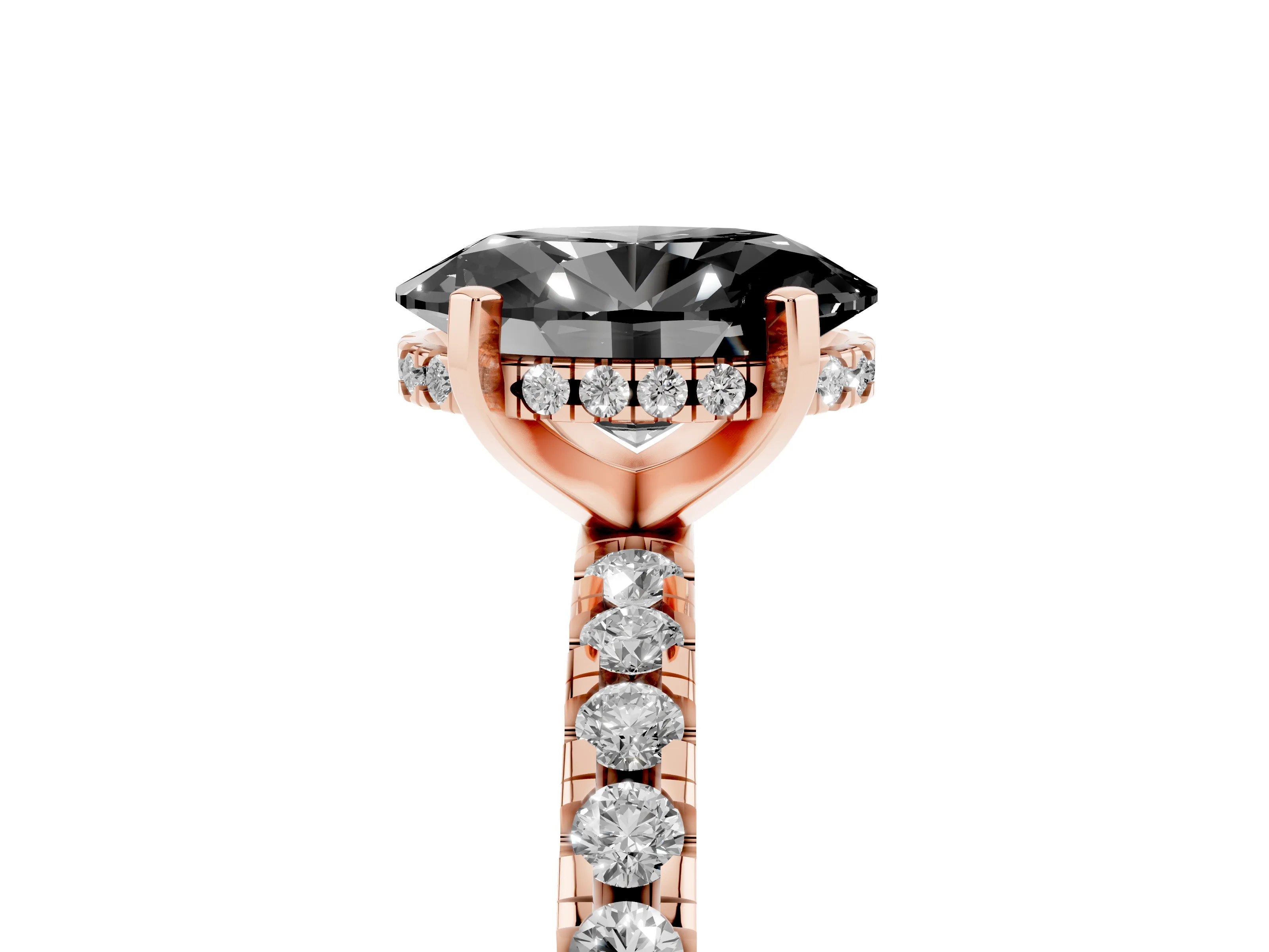 Fancy Black Oval Cut Diamond Pavé Solitaire Ring Set in Rose gold with Round Band Accents and Prong Setting