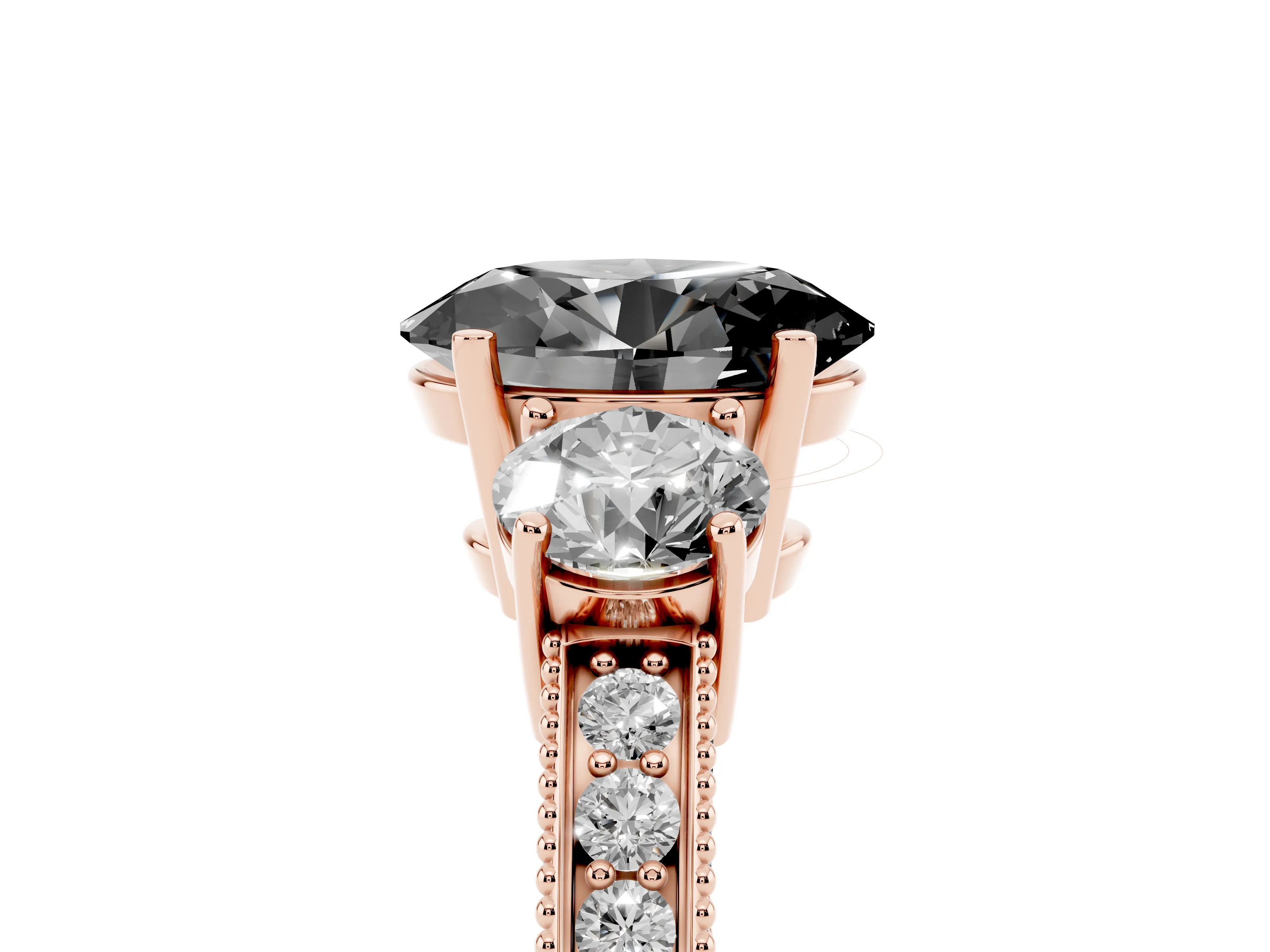 Fancy Black Oval Cut Diamond Three-Stone Ring Set in Rose gold with Round Side Stones and Pavé Band