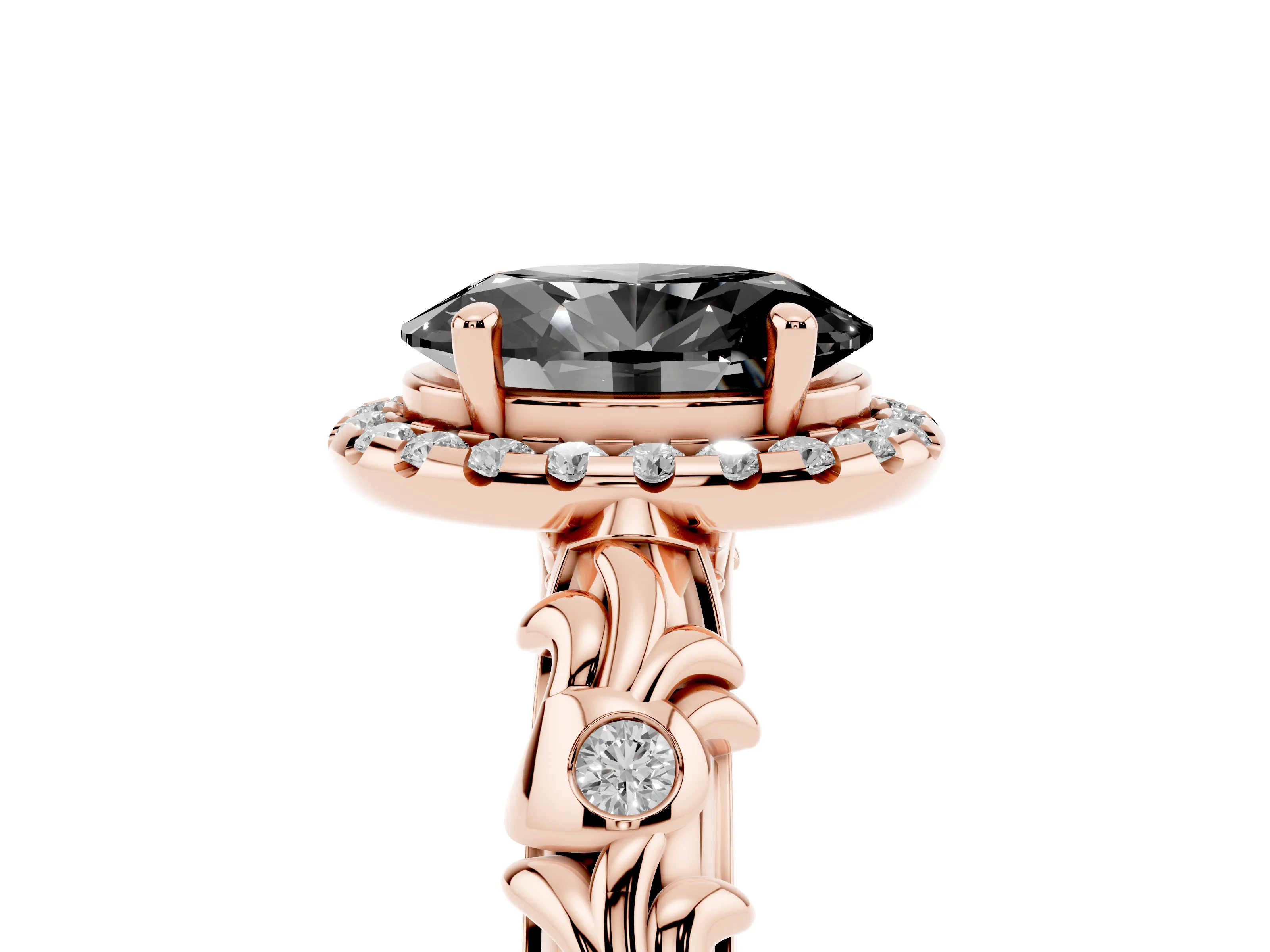 Fancy Black Oval Cut Diamond Halo Ring Set in Rose gold with Filigree Leaf Band and Prong Setting