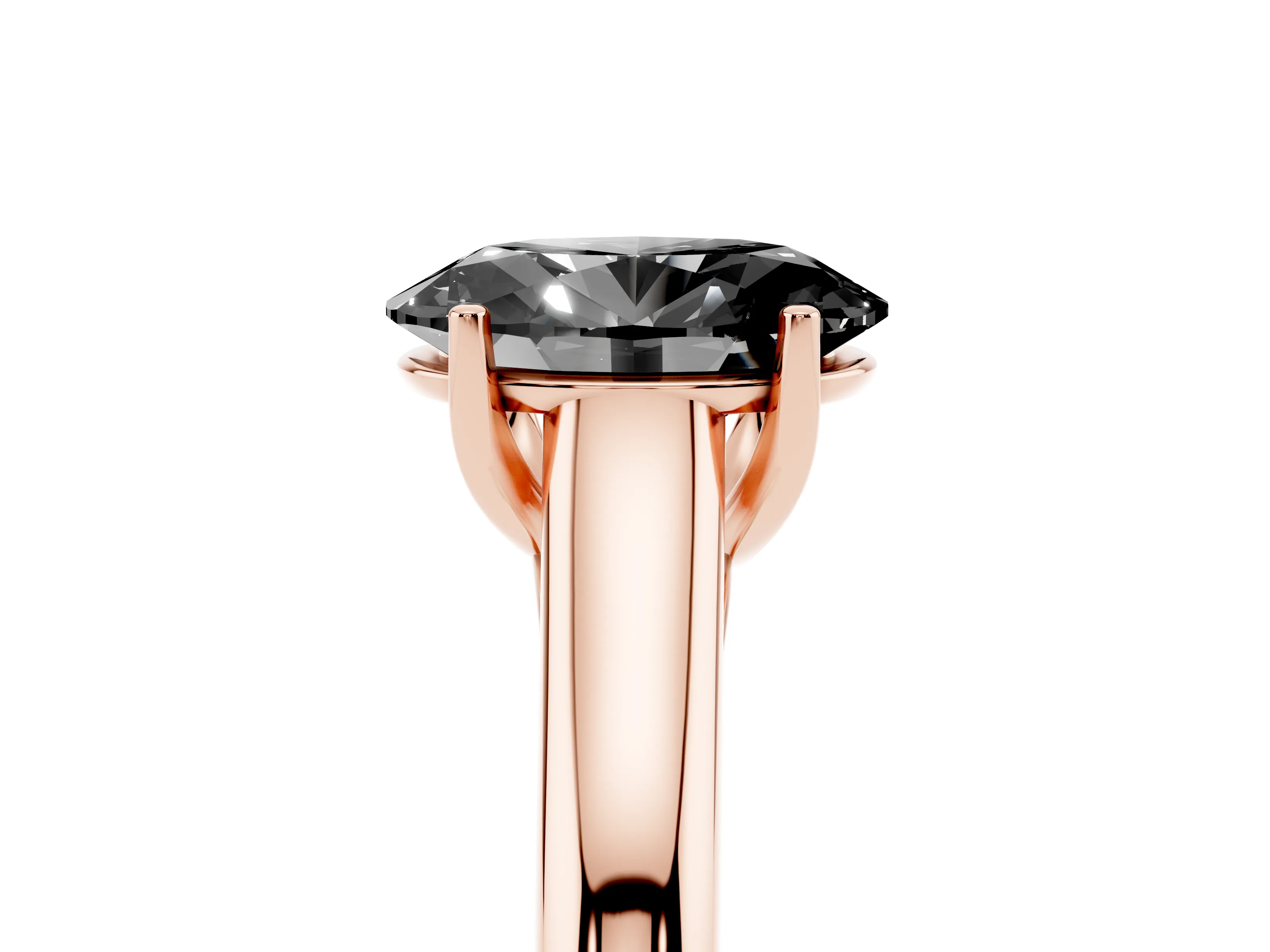 Fancy Black Oval Cut Diamond Solitaire Engagement Ring Set in Rose gold with Subtly Tapered Band and Prong Setting