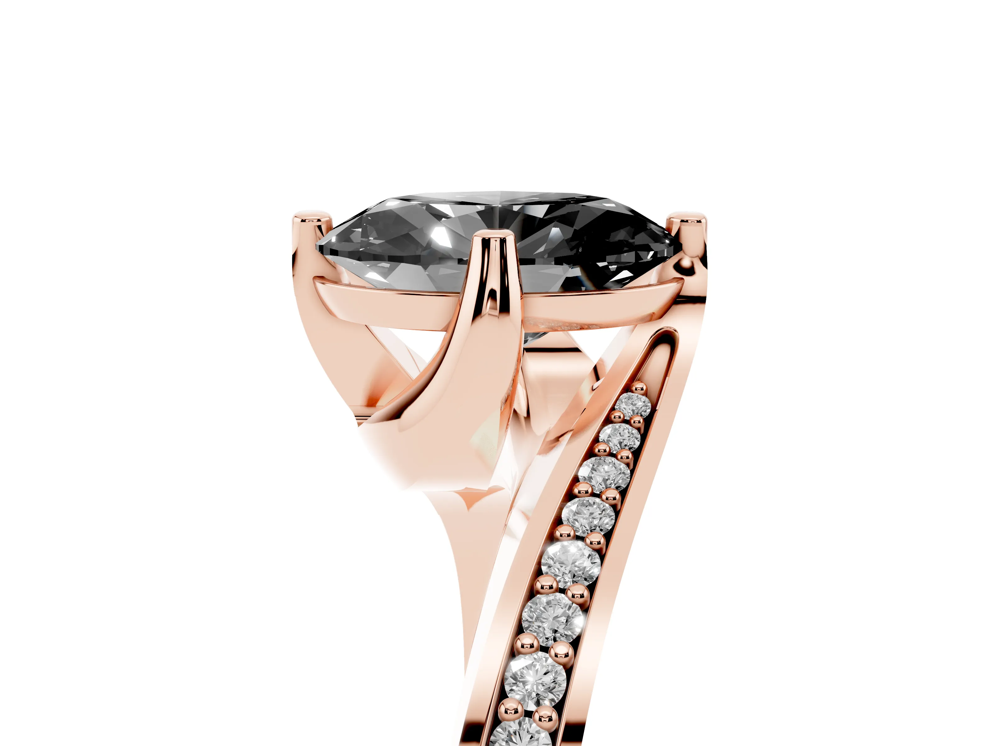 Fancy Black Oval Cut Diamond Solitaire Ring Set in Rose gold with Intertwined Pavé Twist Band