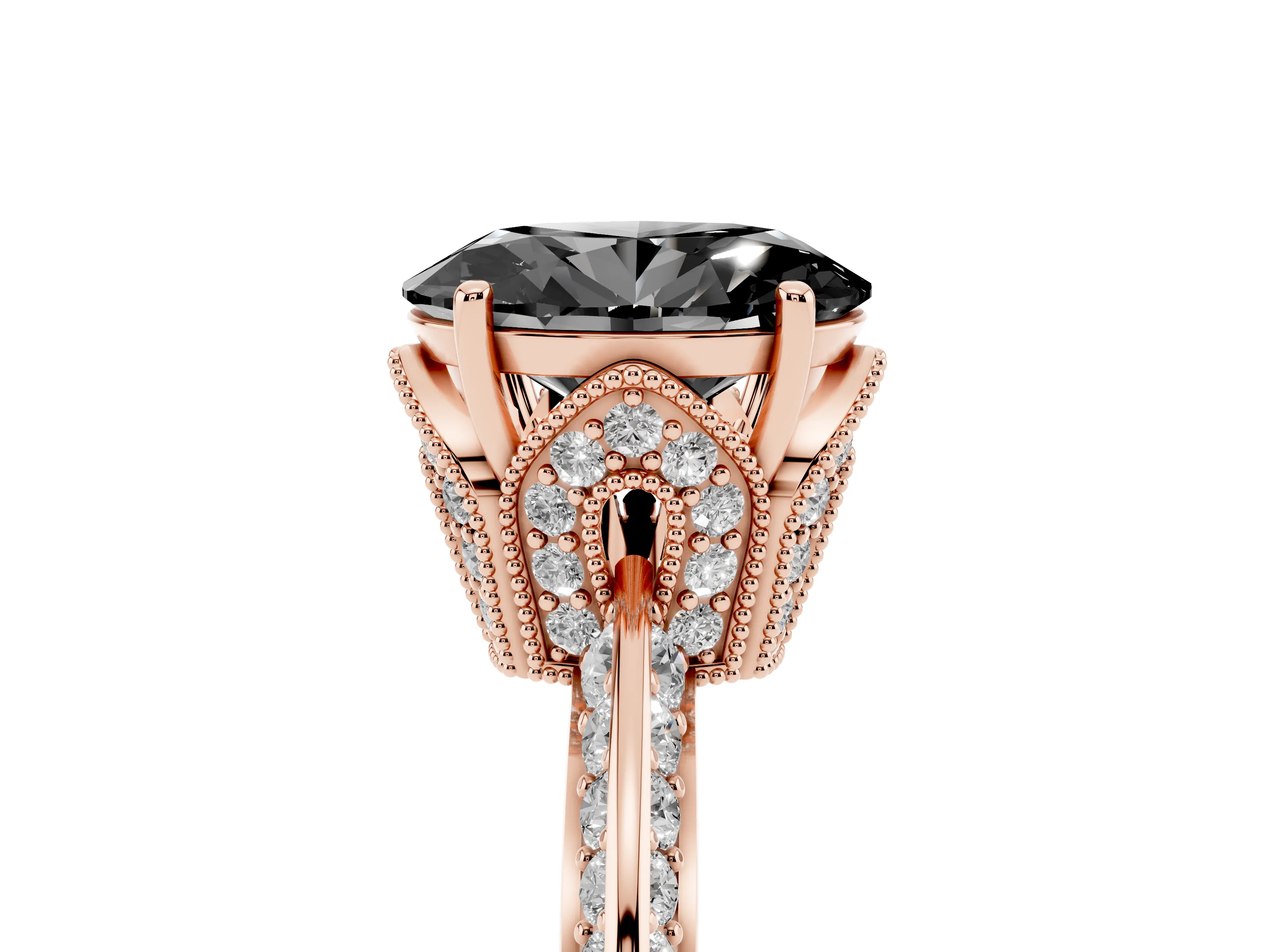 Fancy Black Oval Cut Diamond Solitaire Engagement Ring Set in Rose gold with Pavé Split Shank and Prong Setting