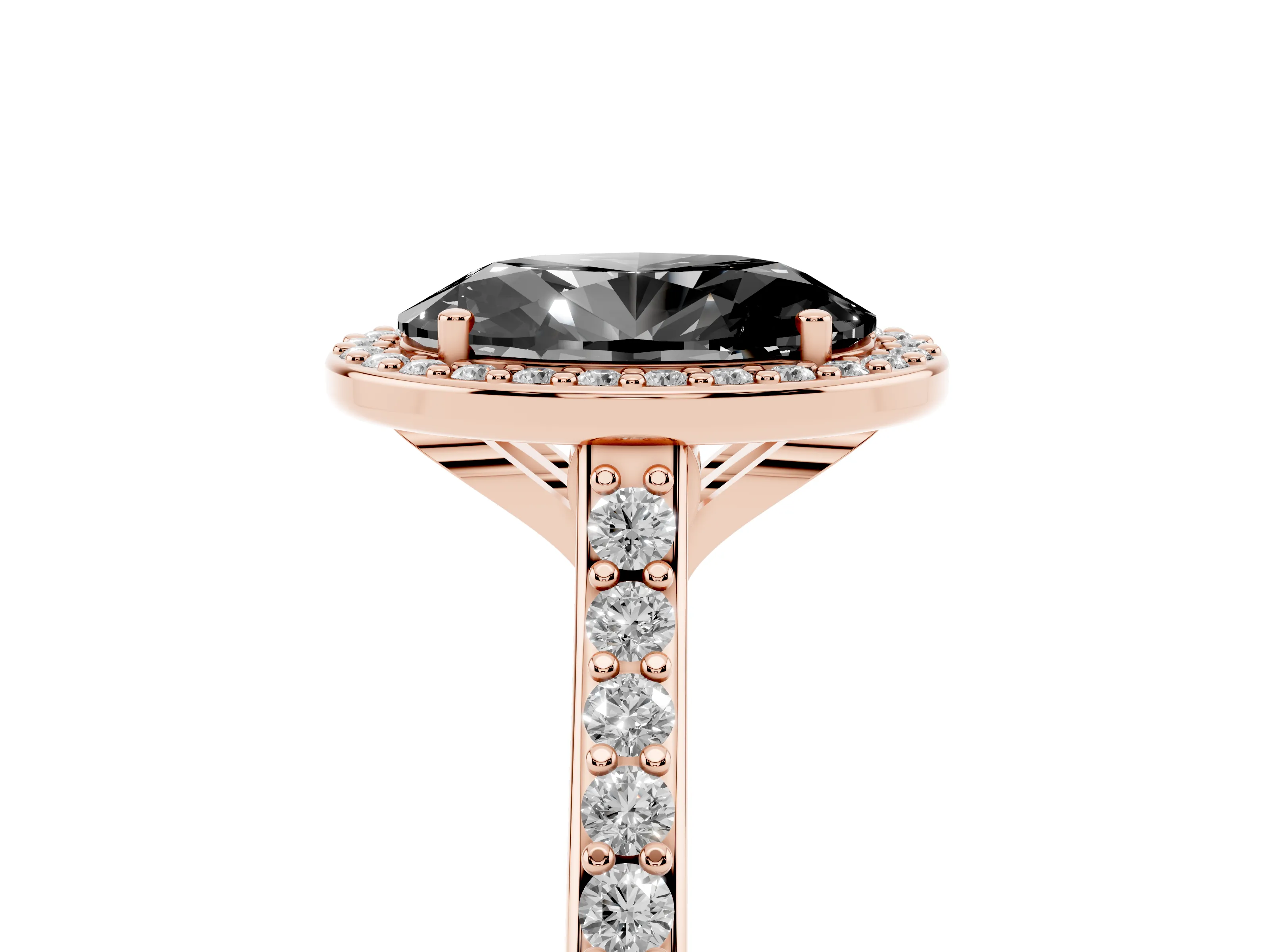 Fancy Black Oval Cut Diamond Halo Engagement Ring Set in Rose gold with Round Pavé Shoulders and Heart Gallery