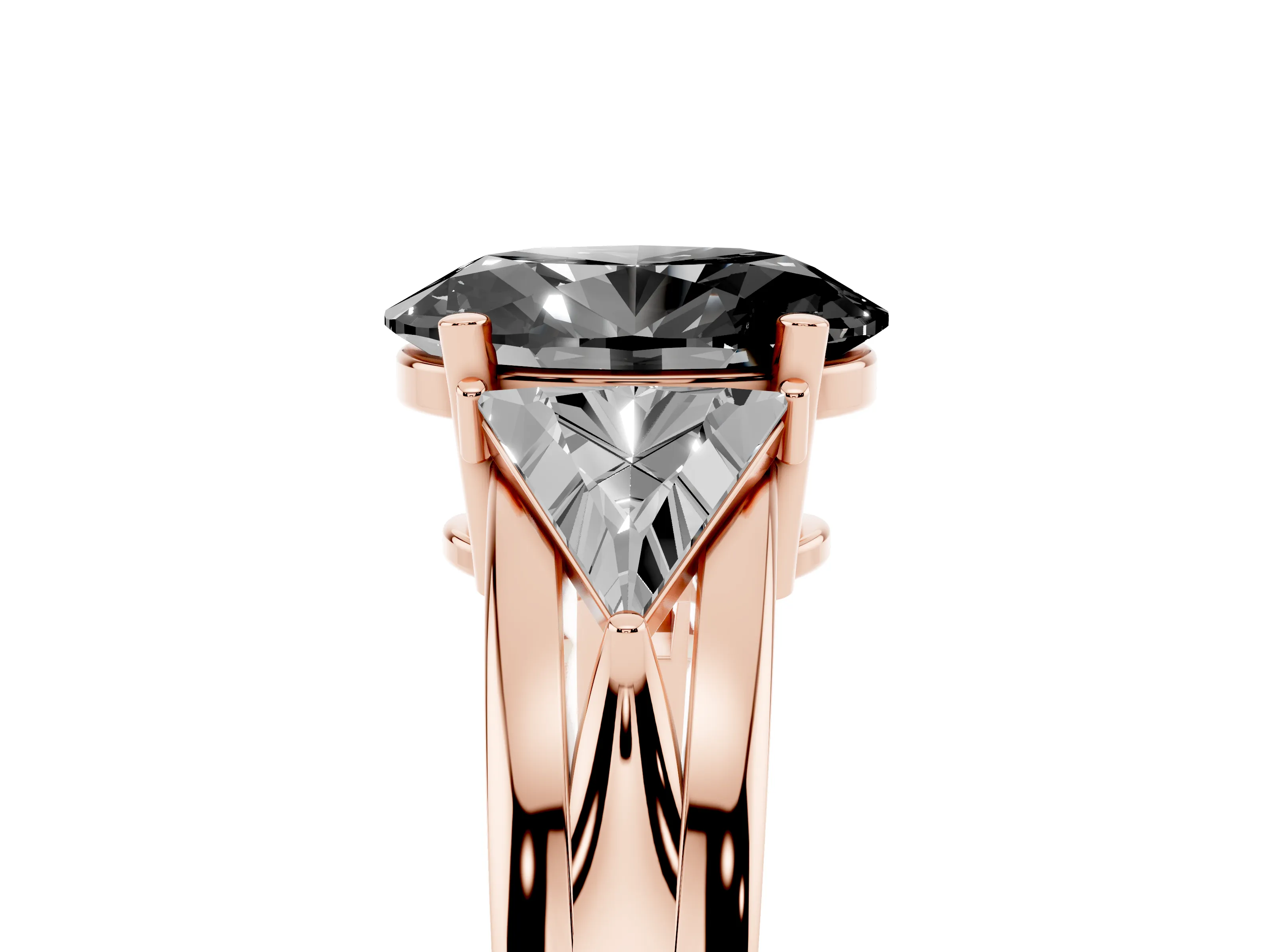 Fancy Black Oval Cut Diamond Three-Stone Ring Set in Rose gold with Trillion Side Stones and Split Shank