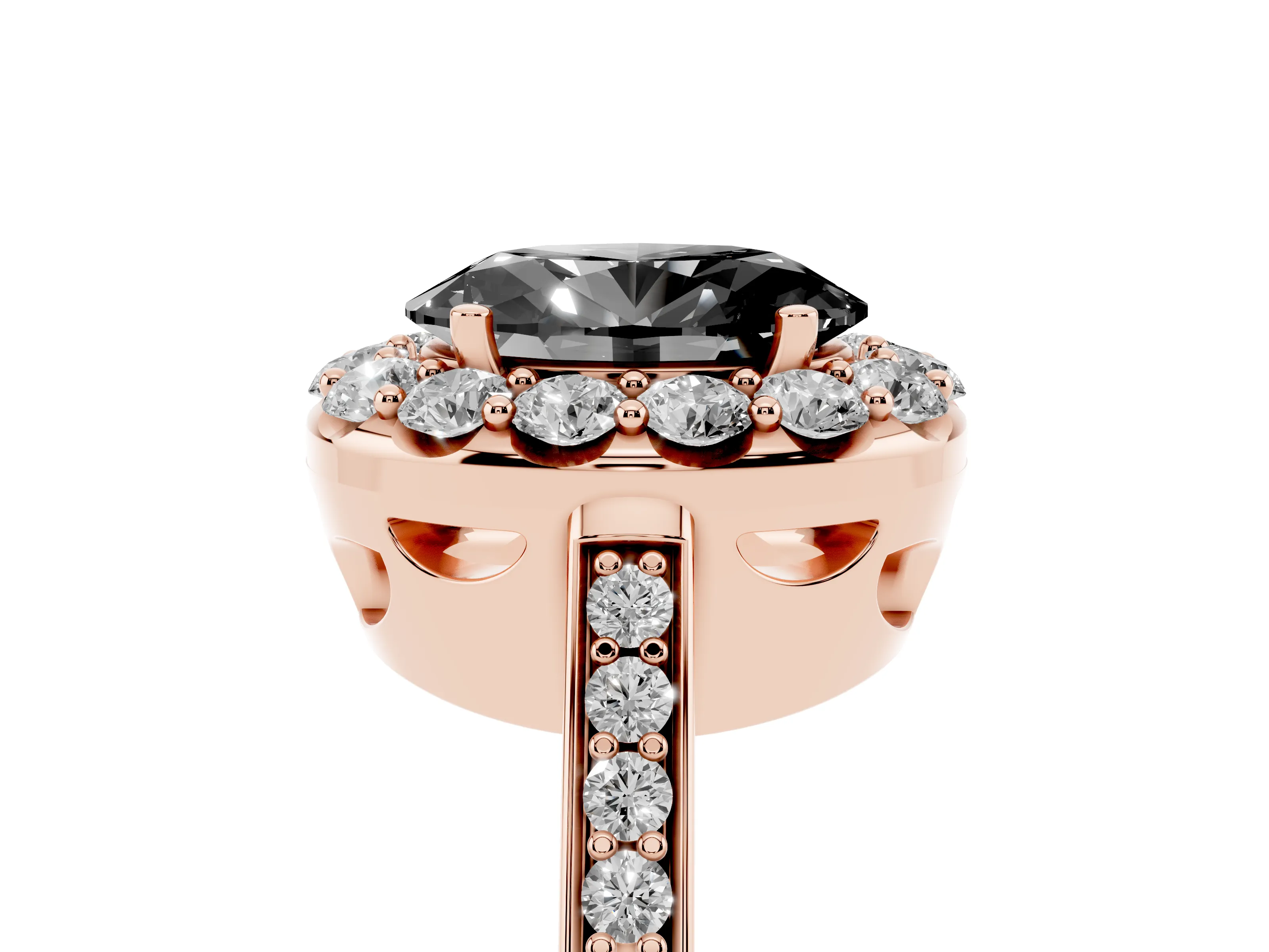 Fancy Black Oval Cut Diamond Floral Halo Ring Set in Rose gold with Pavé Band and Prong Setting