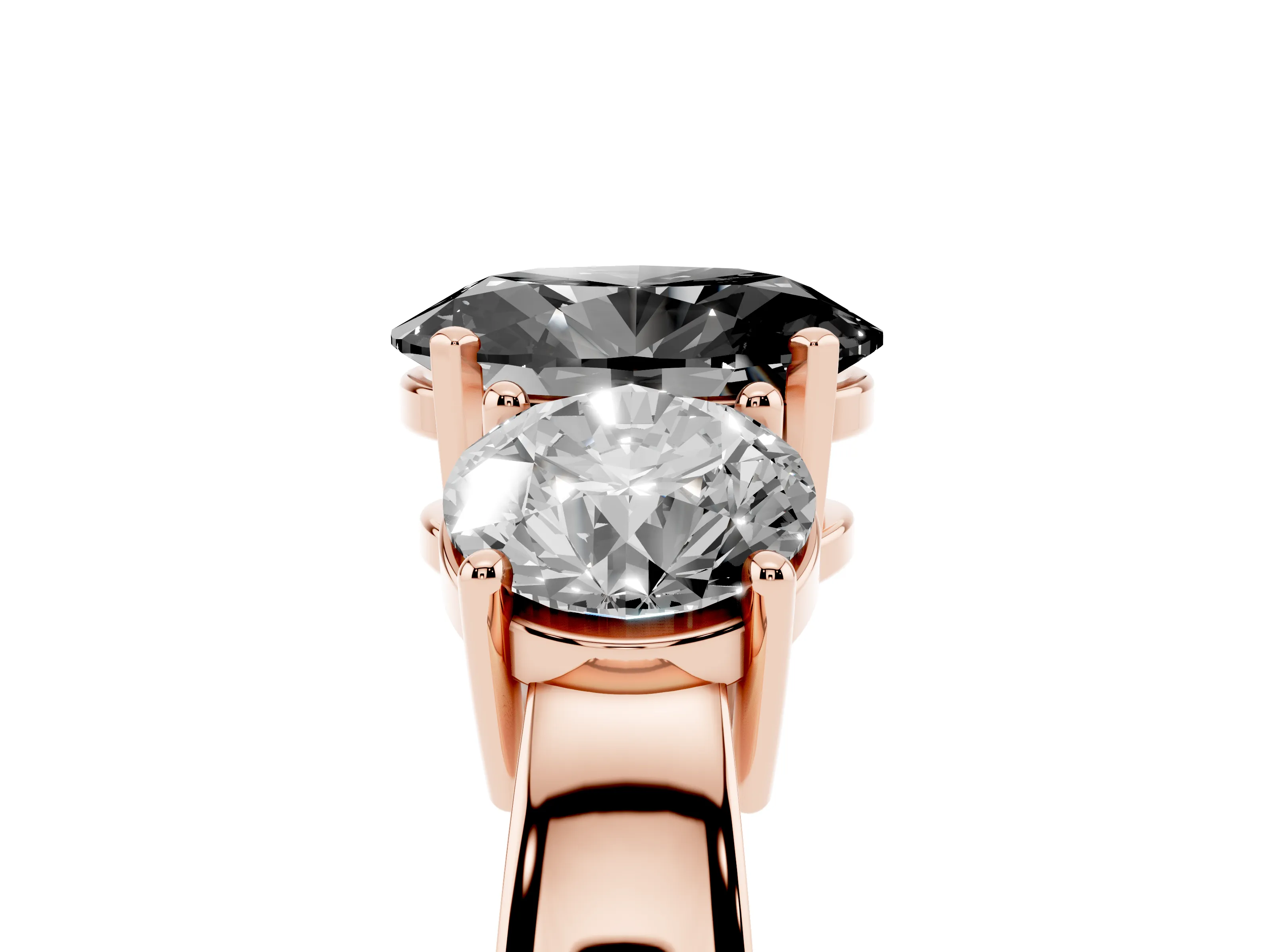 Fancy Black Oval Cut Diamond Three-Stone Ring Set in Rose gold with Round Side Stones and Classic Band
