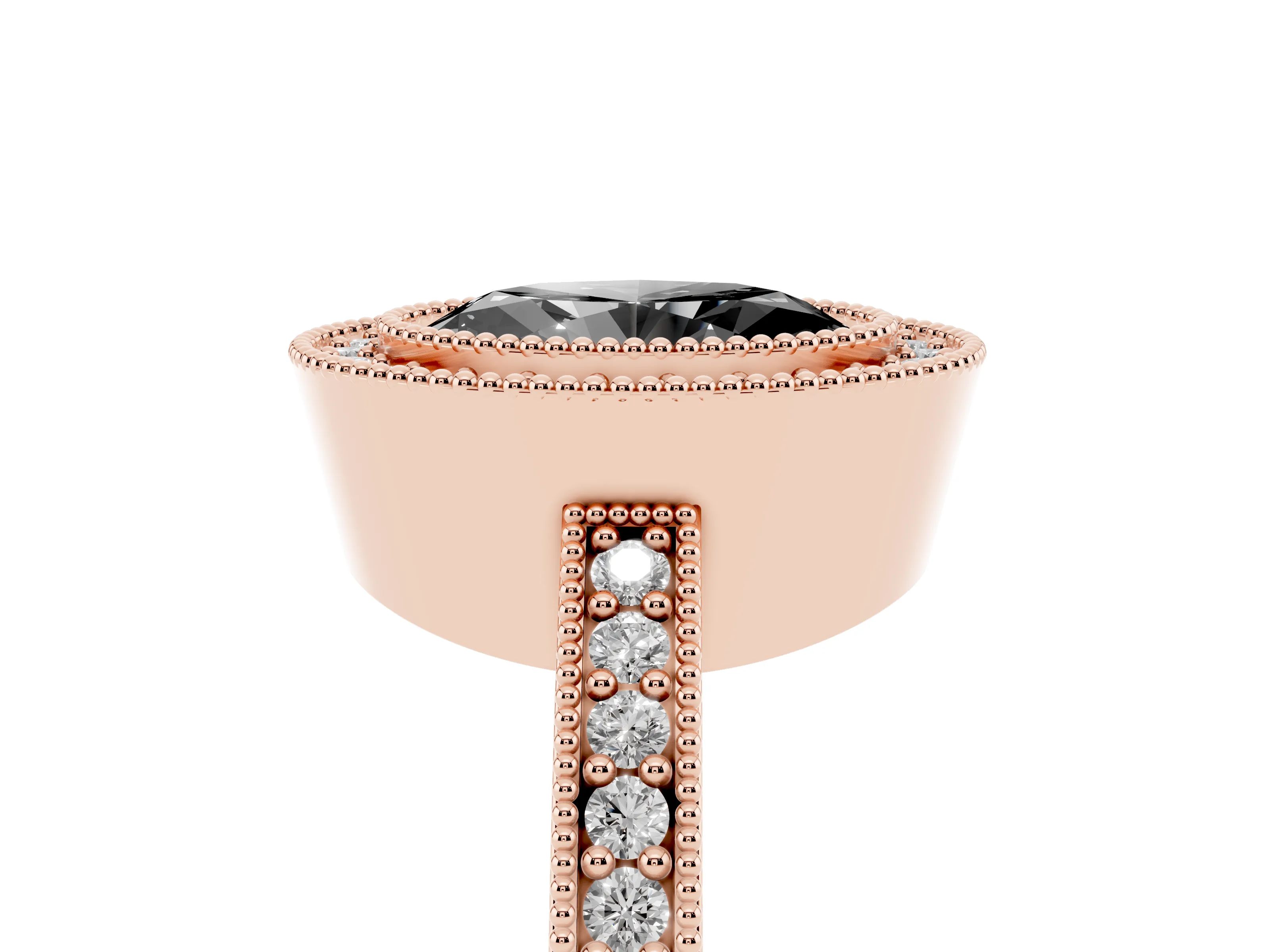 Fancy Black Oval Cut Diamond Halo Engagement Ring Set in Rose gold with Pavé Band and Round Halo Stones
