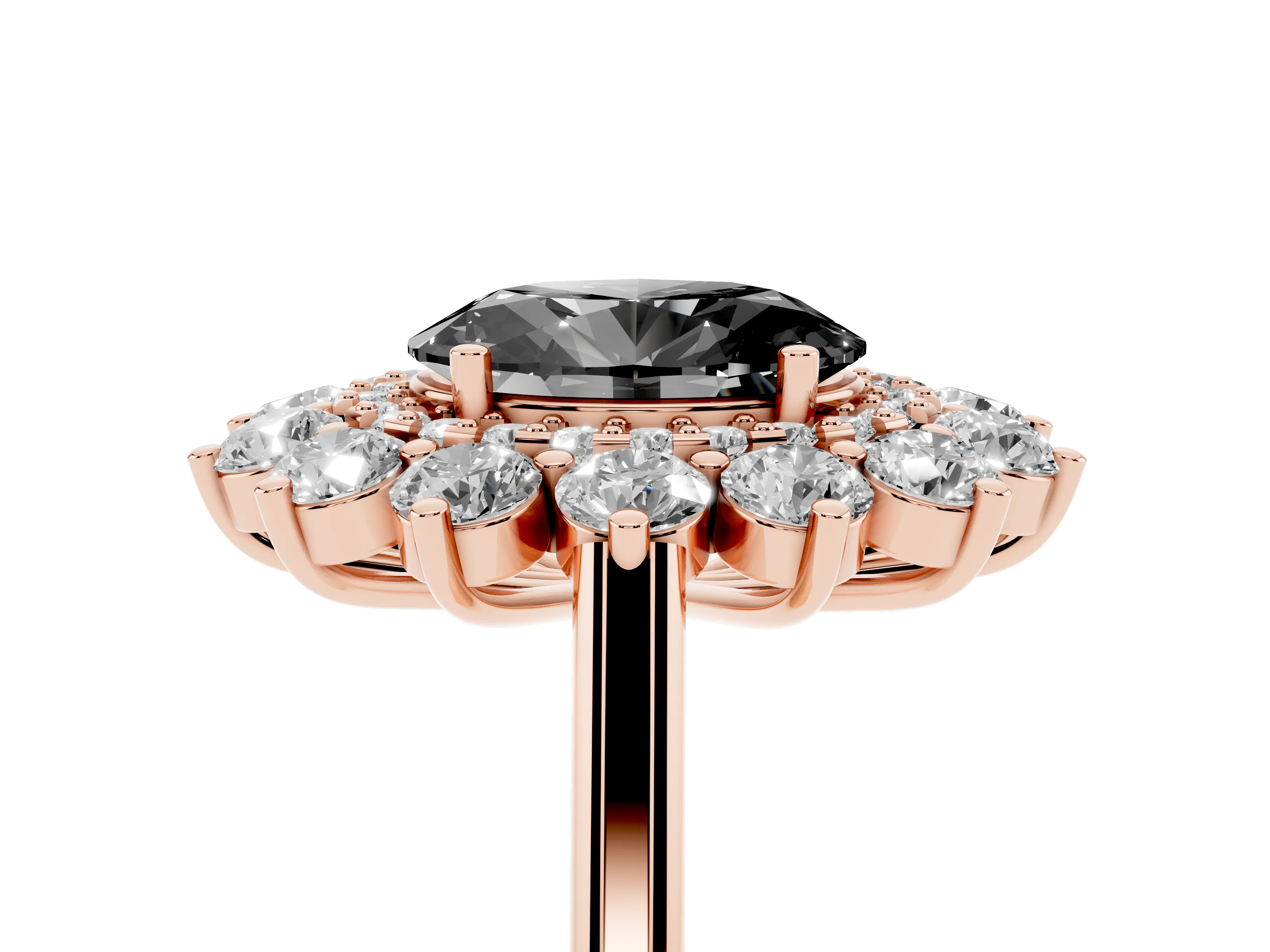 Fancy Black Oval Cut Diamond Floral Double Halo Ring Set in Rose gold with Round Petals