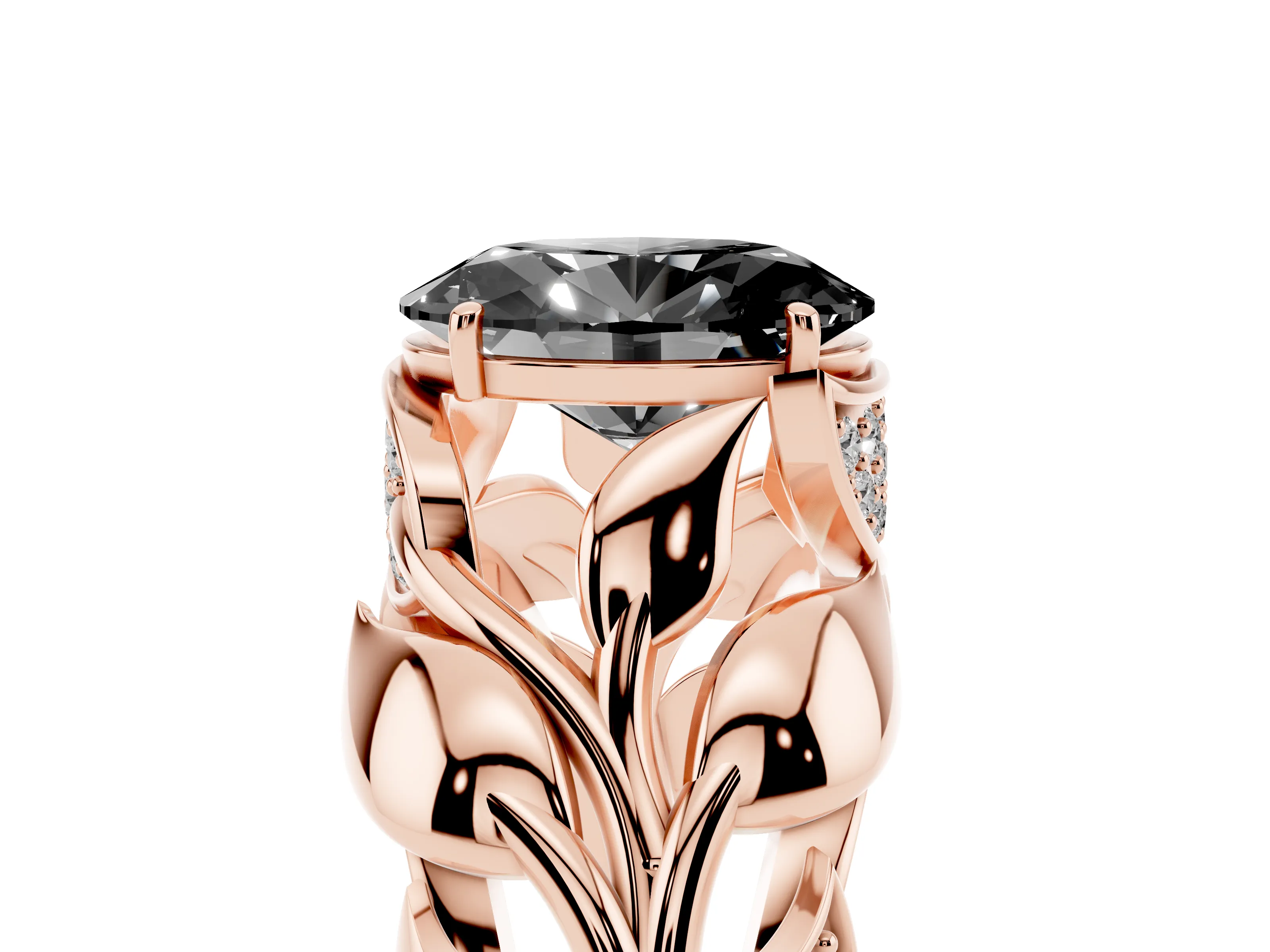 Fancy Black Oval Cut Diamond Leaf-Inspired Engagement Ring Set in Rose gold with Round Accents