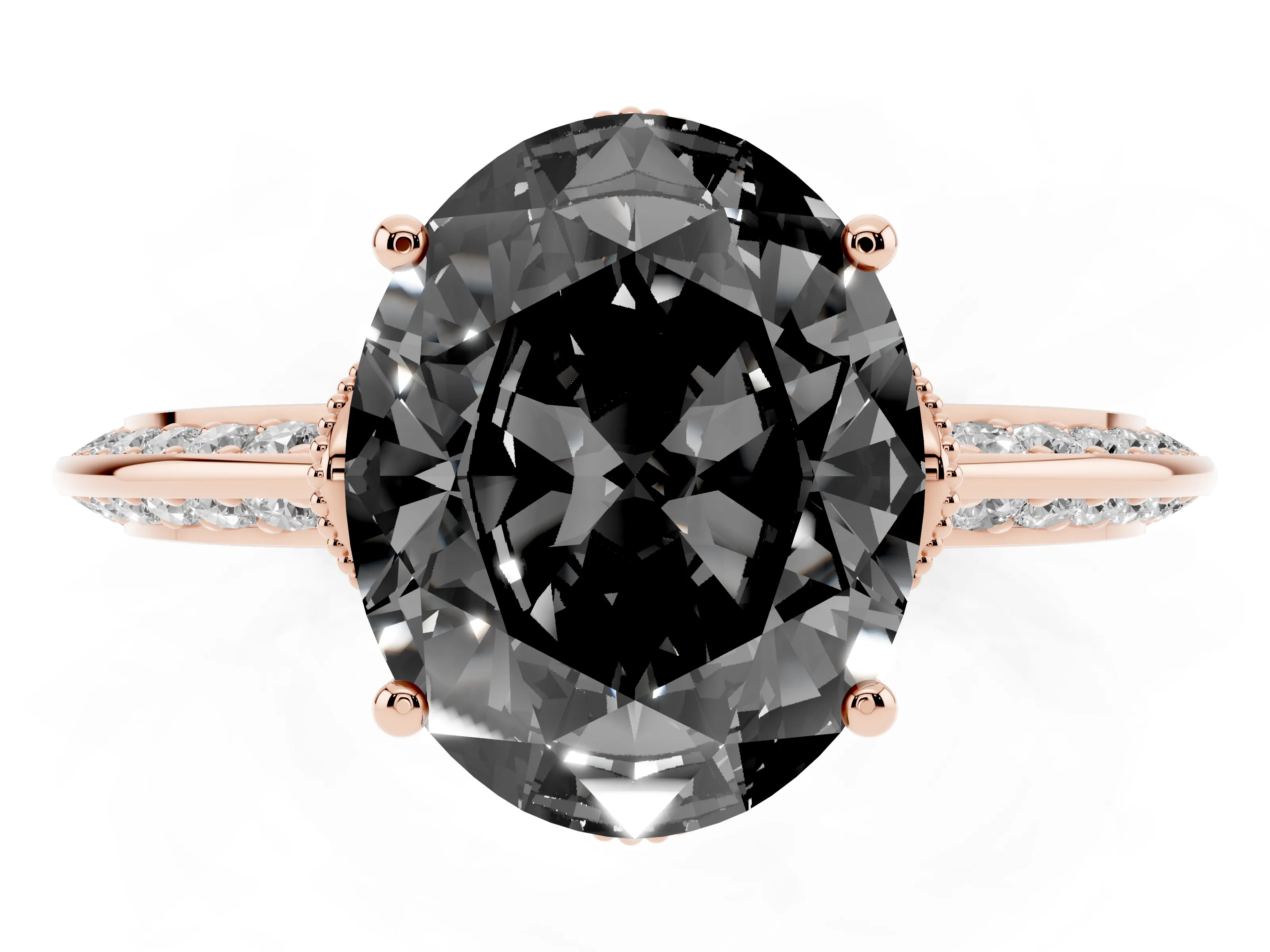 Fancy Black Oval Cut Diamond Solitaire Engagement Ring Set in Rose gold with Pavé Split Shank and Prong Setting