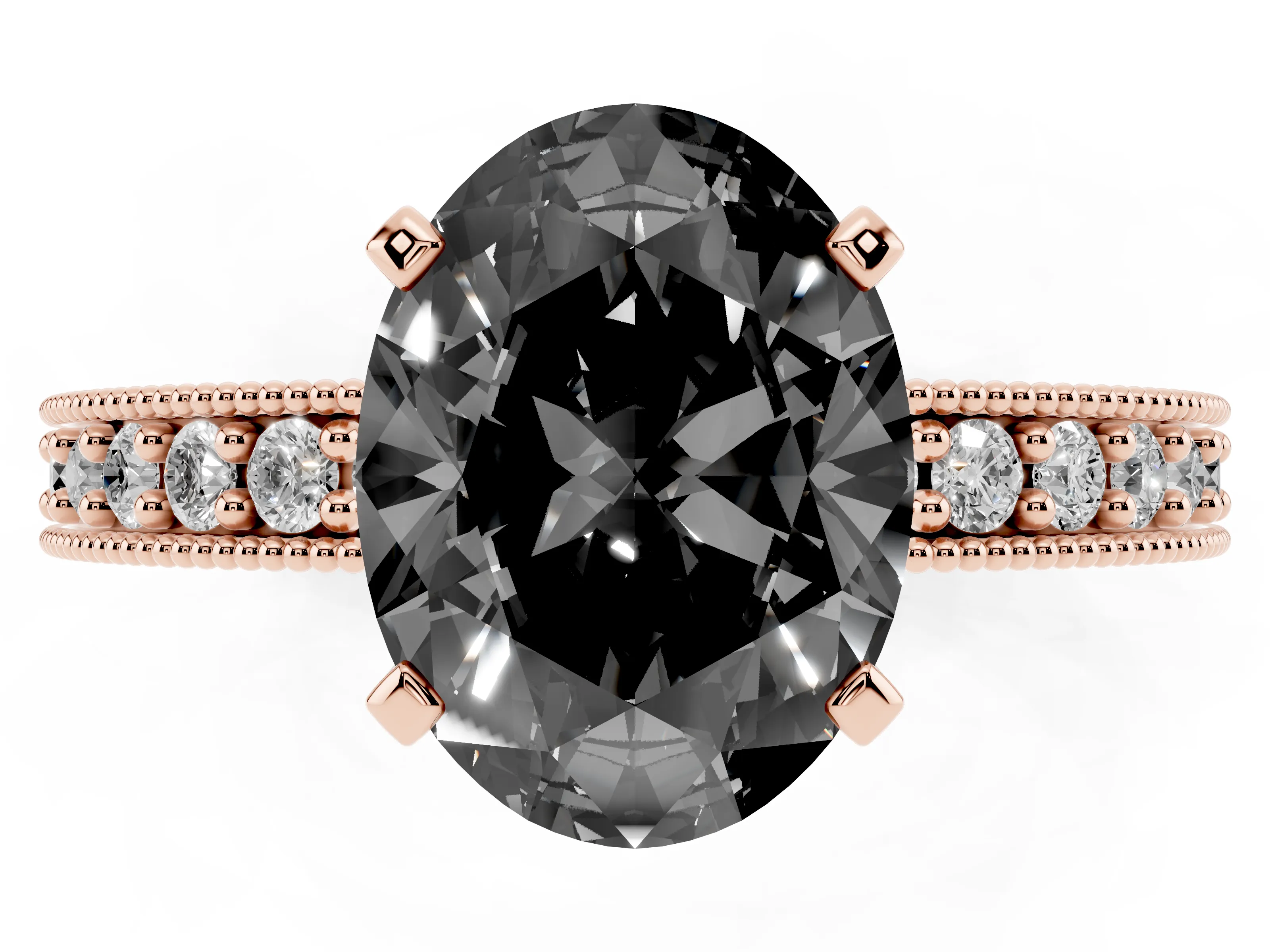 Fancy Black Oval Cut Diamond Milgrain Pavé Engagement Ring Set in Rose gold with Prong Setting