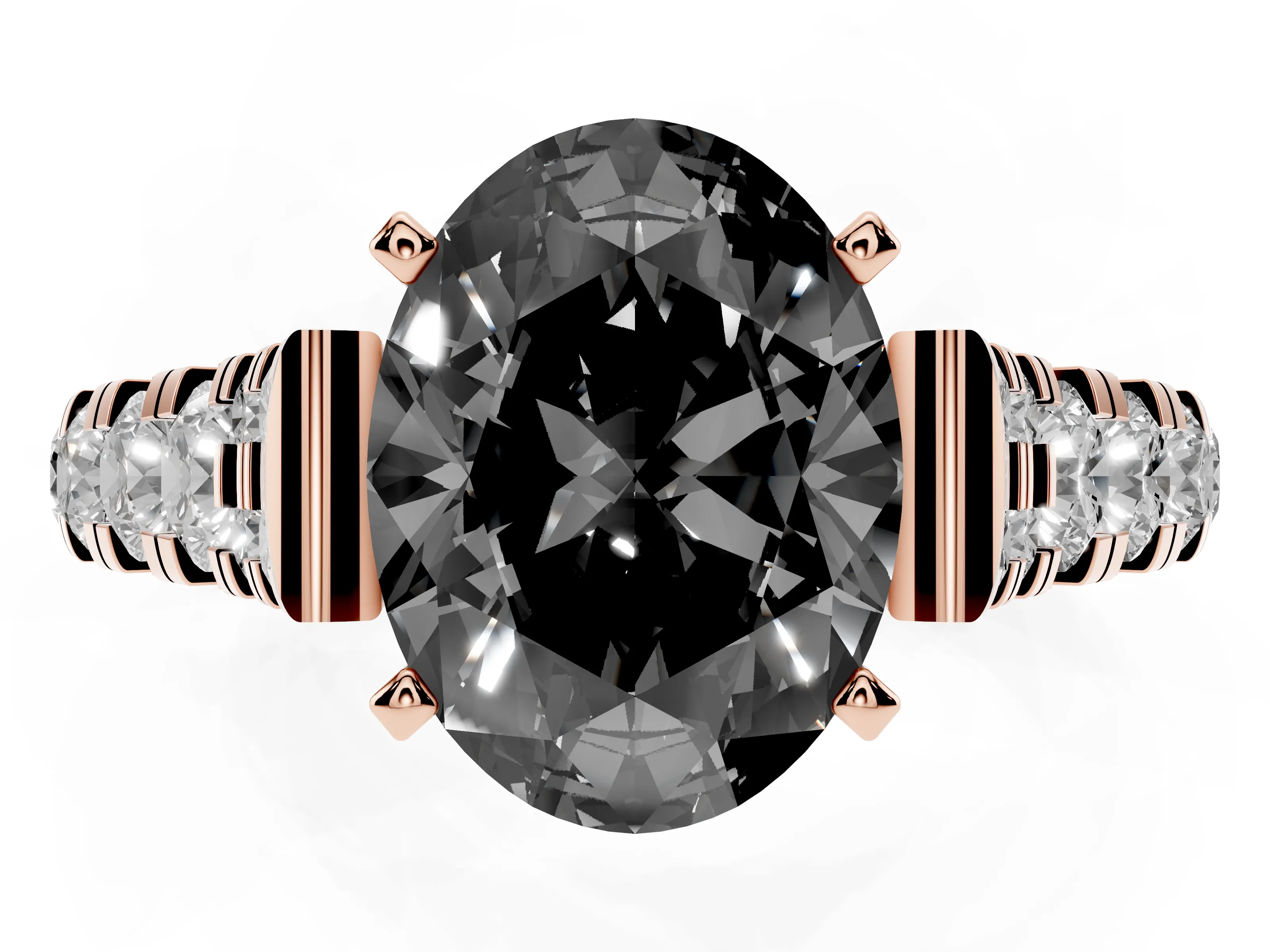 Fancy Black Oval Cut Diamond Classic Solitaire Ring Set in Rose gold with Pavé Band and Prong Setting
