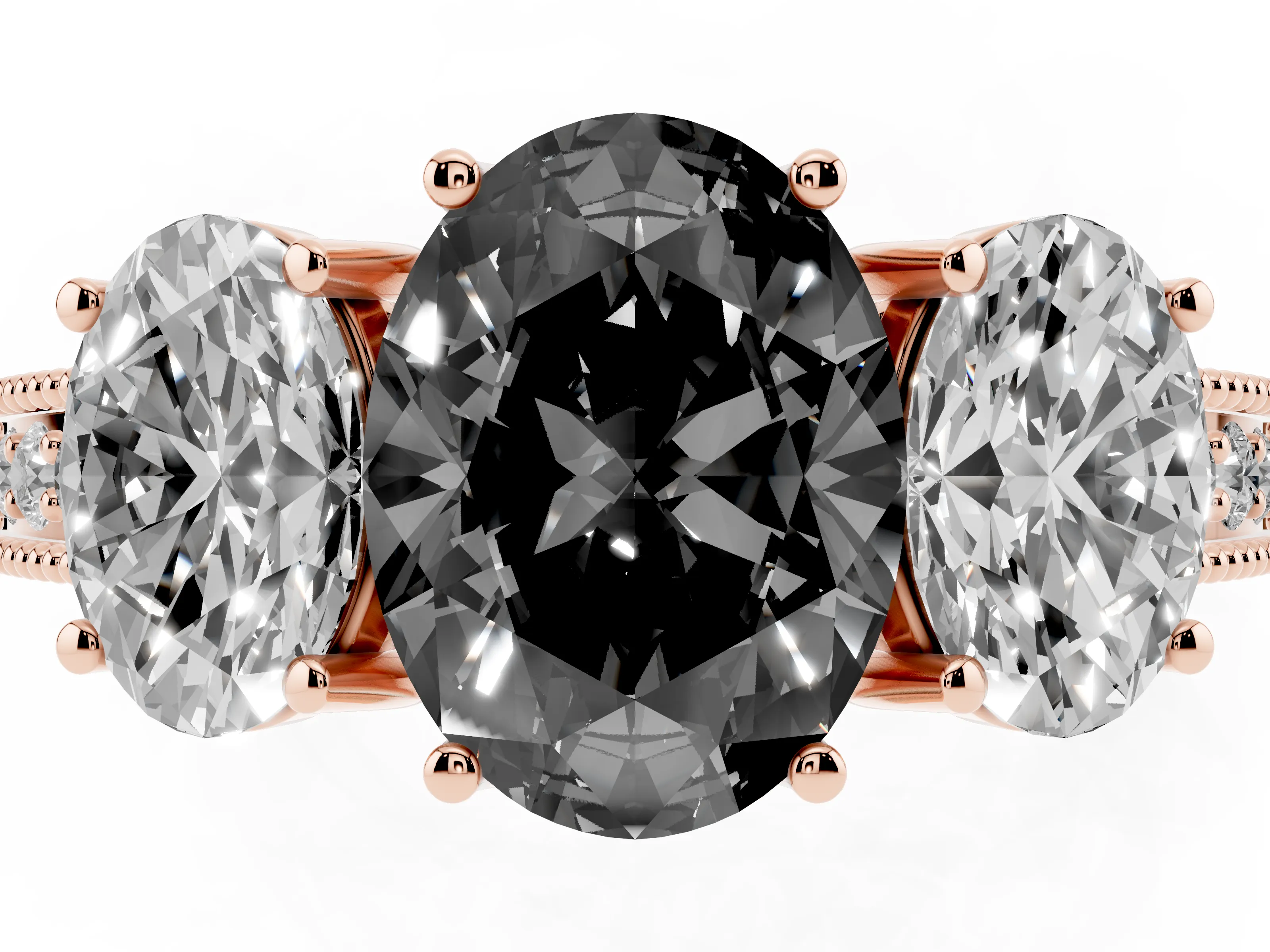 Fancy Black Oval Cut Diamond Three-Stone Engagement Ring Set in Rose gold with Milgrain Pavé Band
