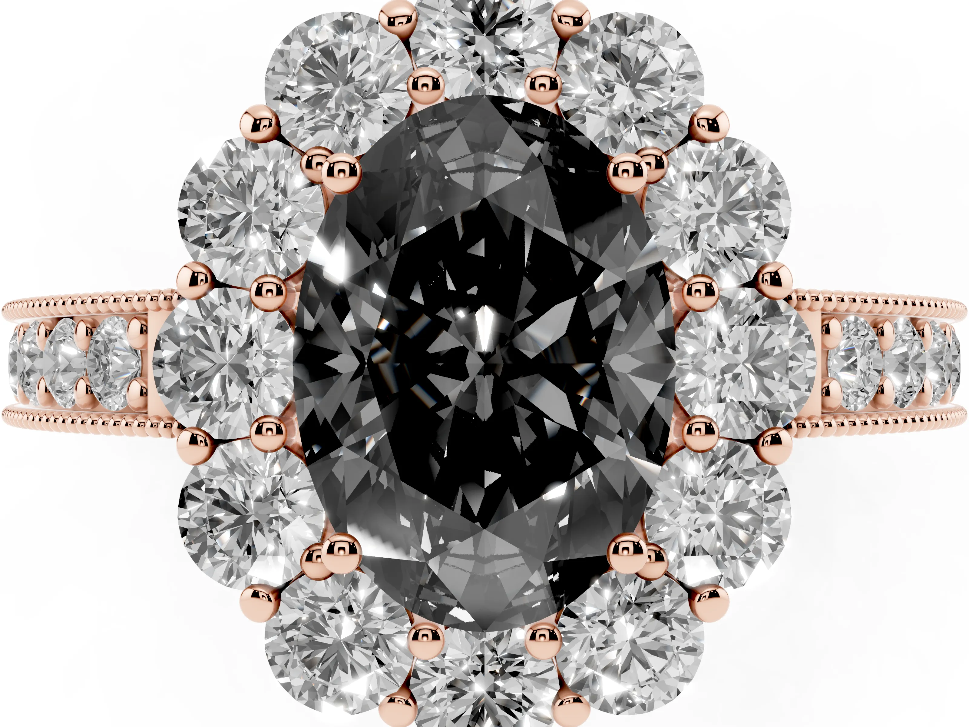 Fancy Black Oval Cut Diamond Halo Pavé Engagement Ring Set in Rose gold with Milgrain Detailing