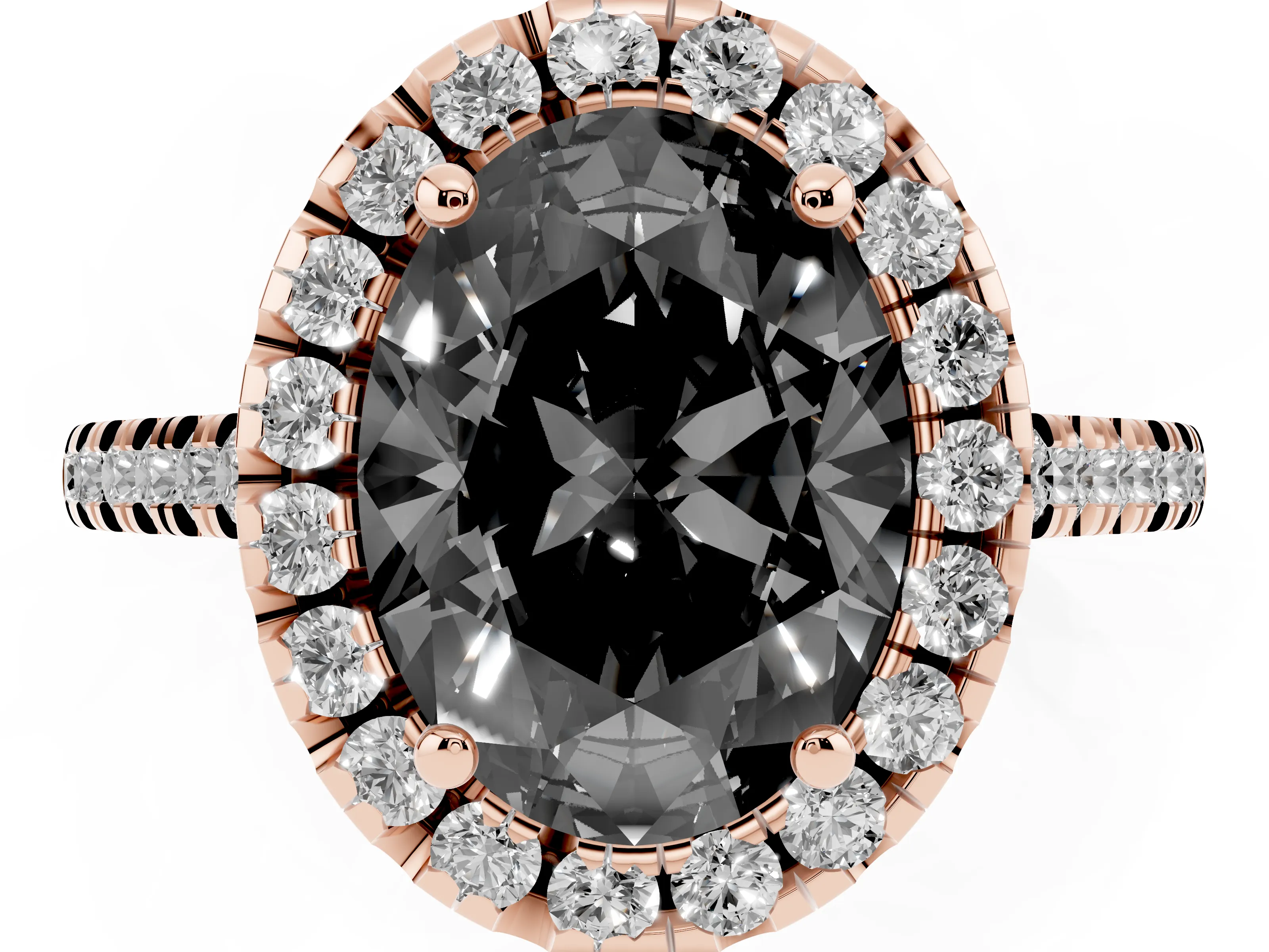 Fancy Black Oval Cut Diamond Cushion Halo Ring Set in Rose gold with Pavé Band