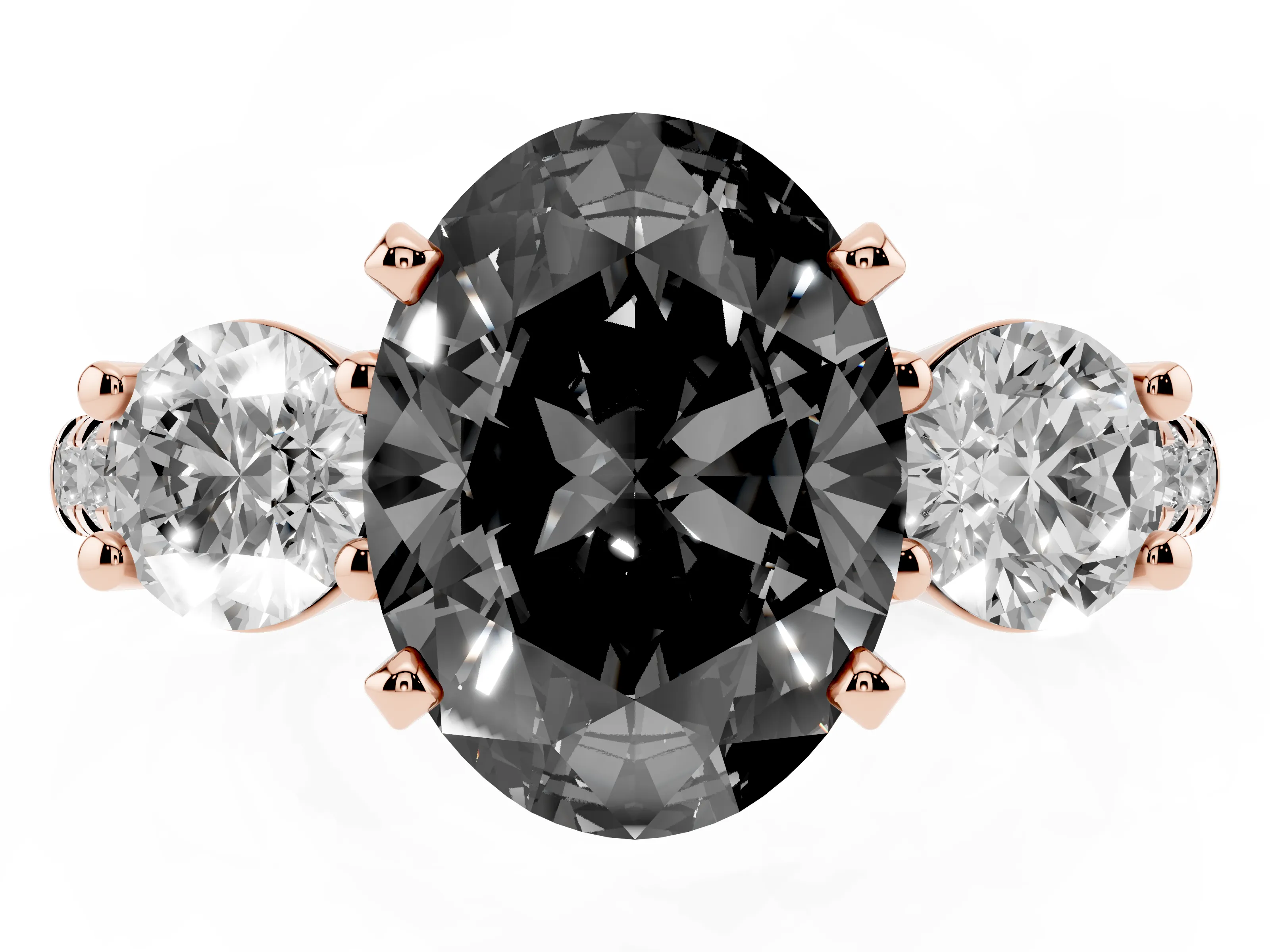 Fancy Black Three-Stone Oval Cut Diamond Pavé Band Ring Set in Rose gold with Prong-Set Trio