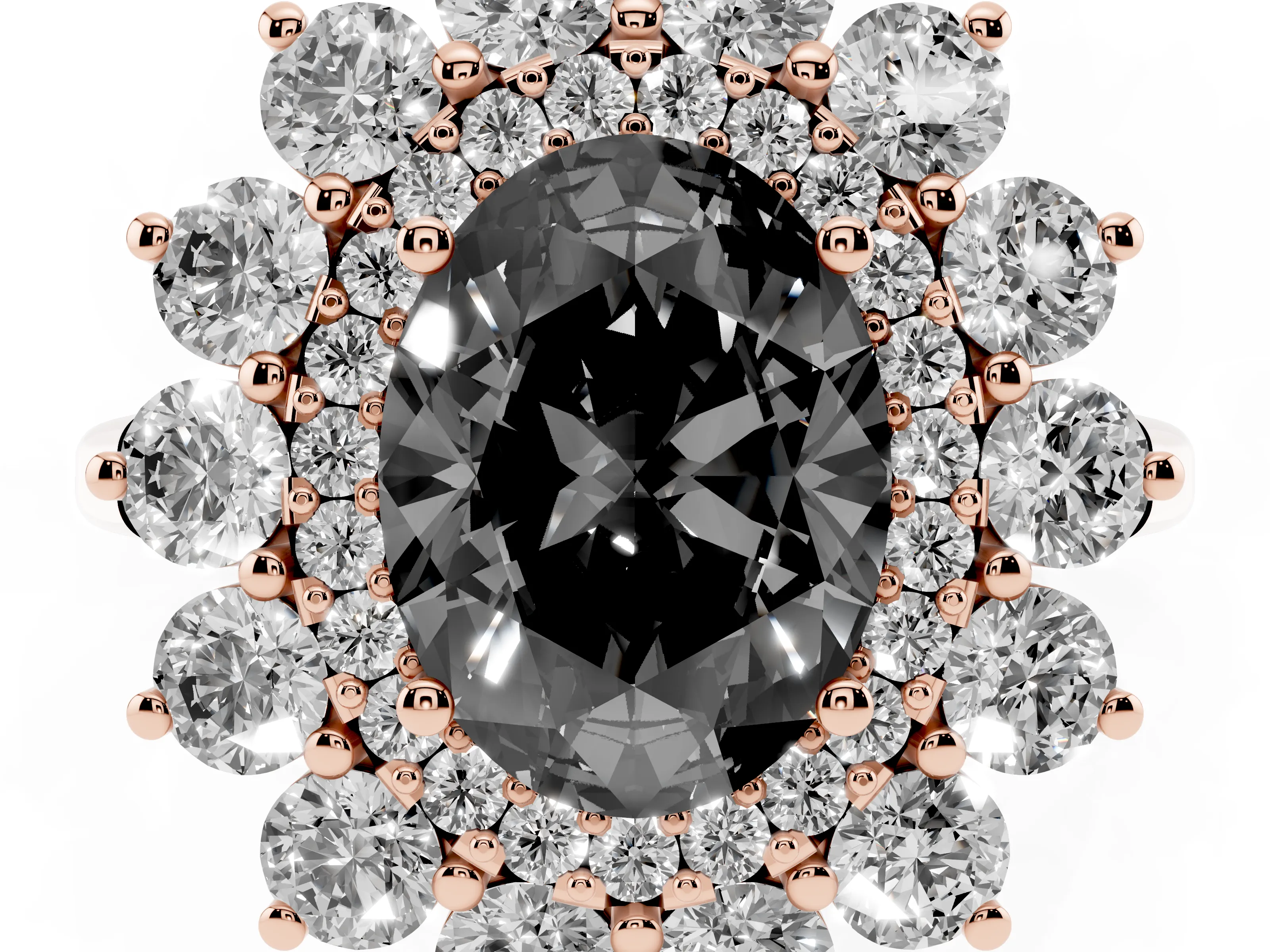 Fancy Black Oval Cut Diamond Floral Double Halo Ring Set in Rose gold with Round Petals