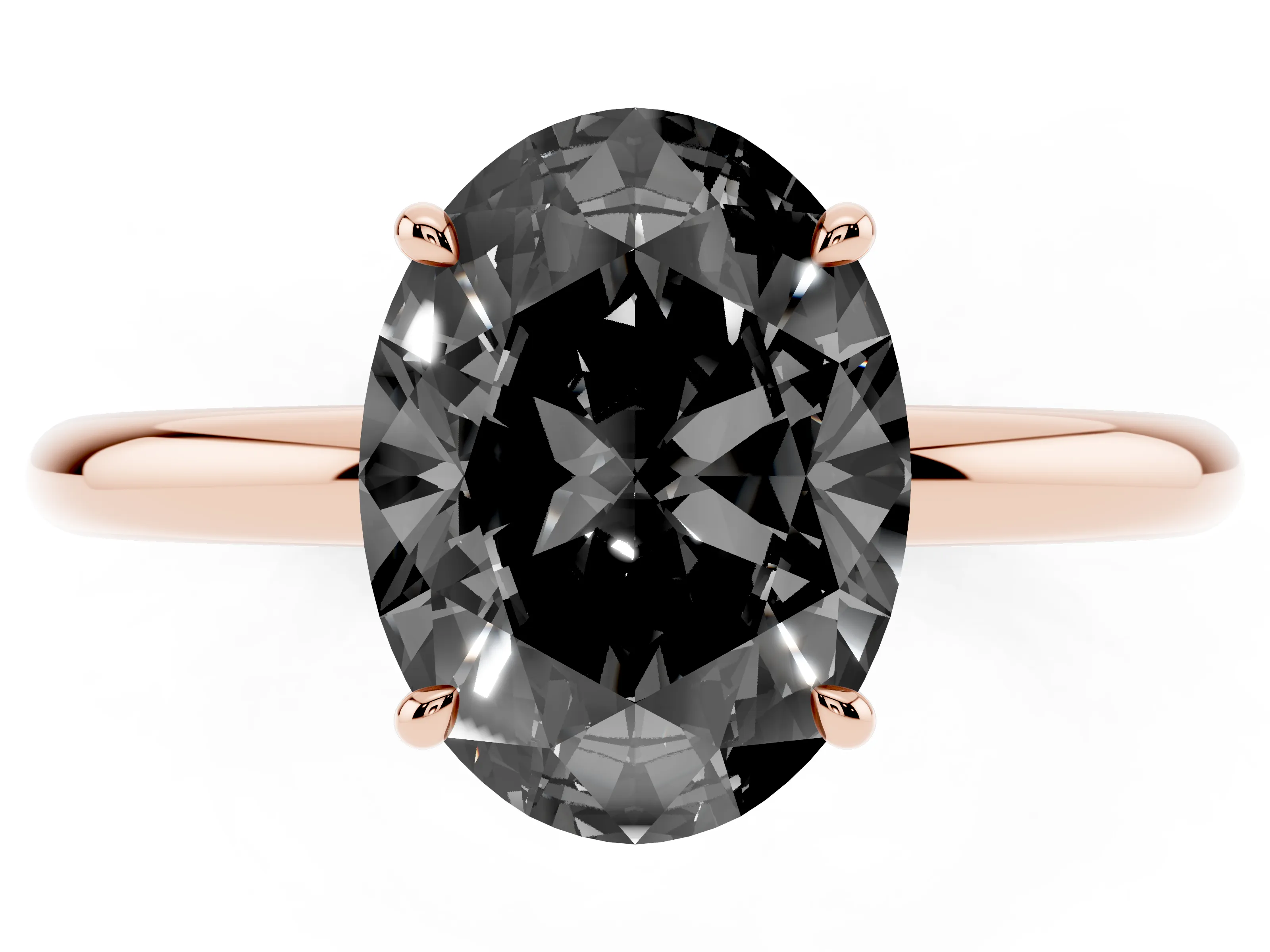Fancy Black Oval Cut Diamond Solitaire Ring Set in Rose gold with Thin Band and Prong Setting