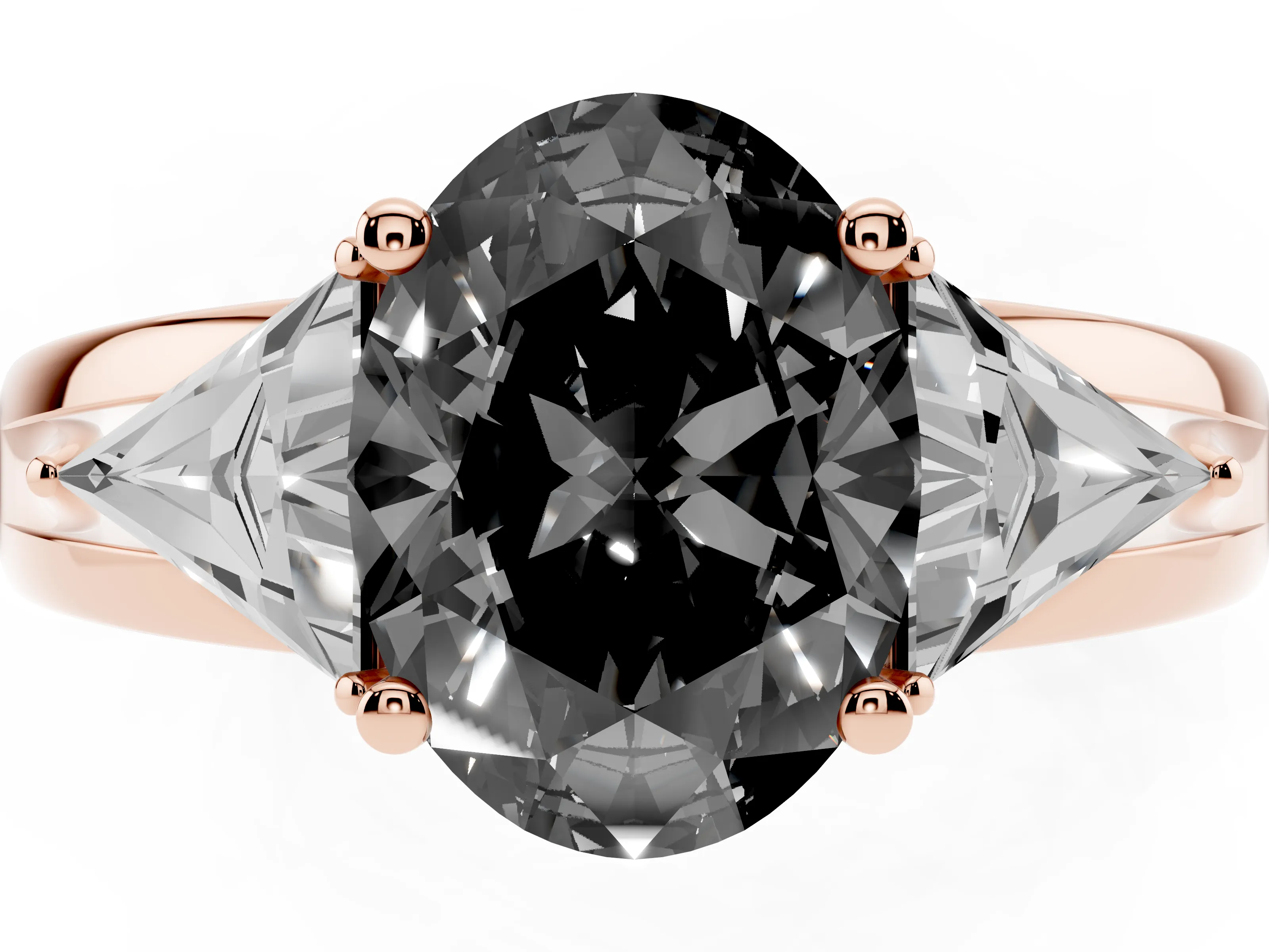 Fancy Black Oval Cut Diamond Three-Stone Ring Set in Rose gold with Trillion Side Stones and Split Shank
