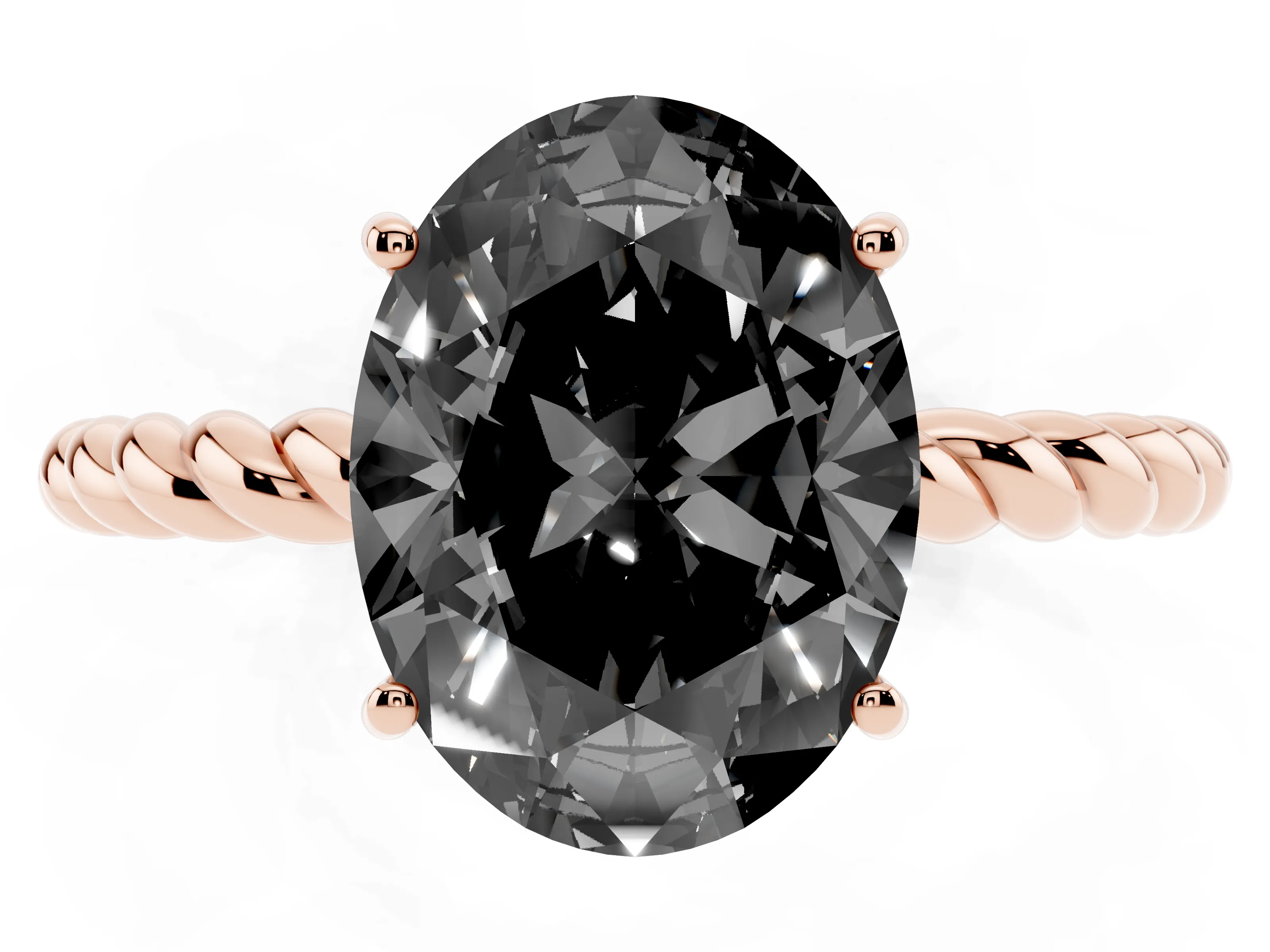 Fancy Black Oval Cut Diamond Solitaire Twisted Band Ring Set in Rose gold with Prong Solitaire Setting