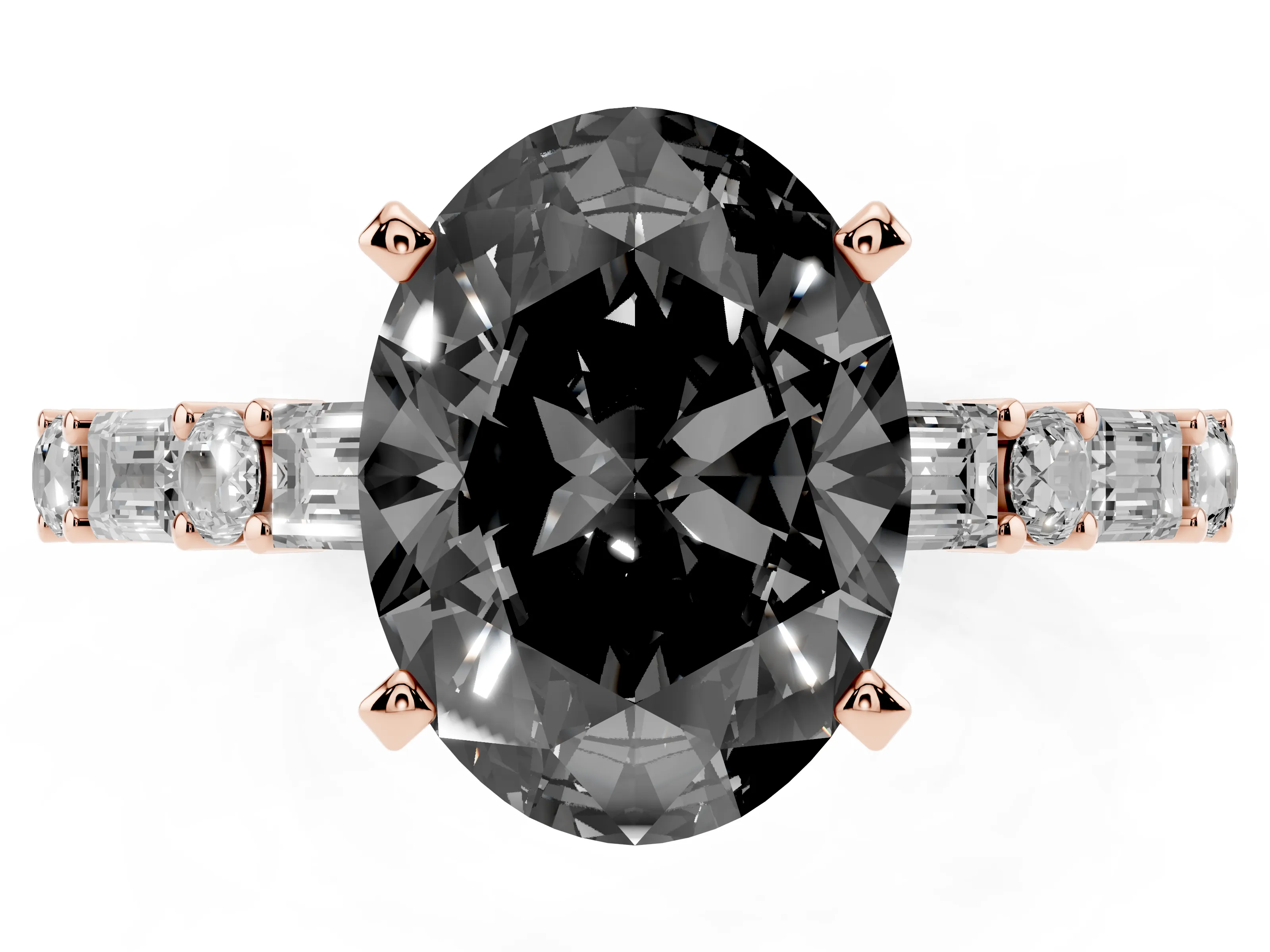 Fancy Black Oval Cut Diamond Solitaire Set in Rose gold with Side Baguettes and Channel Set Band