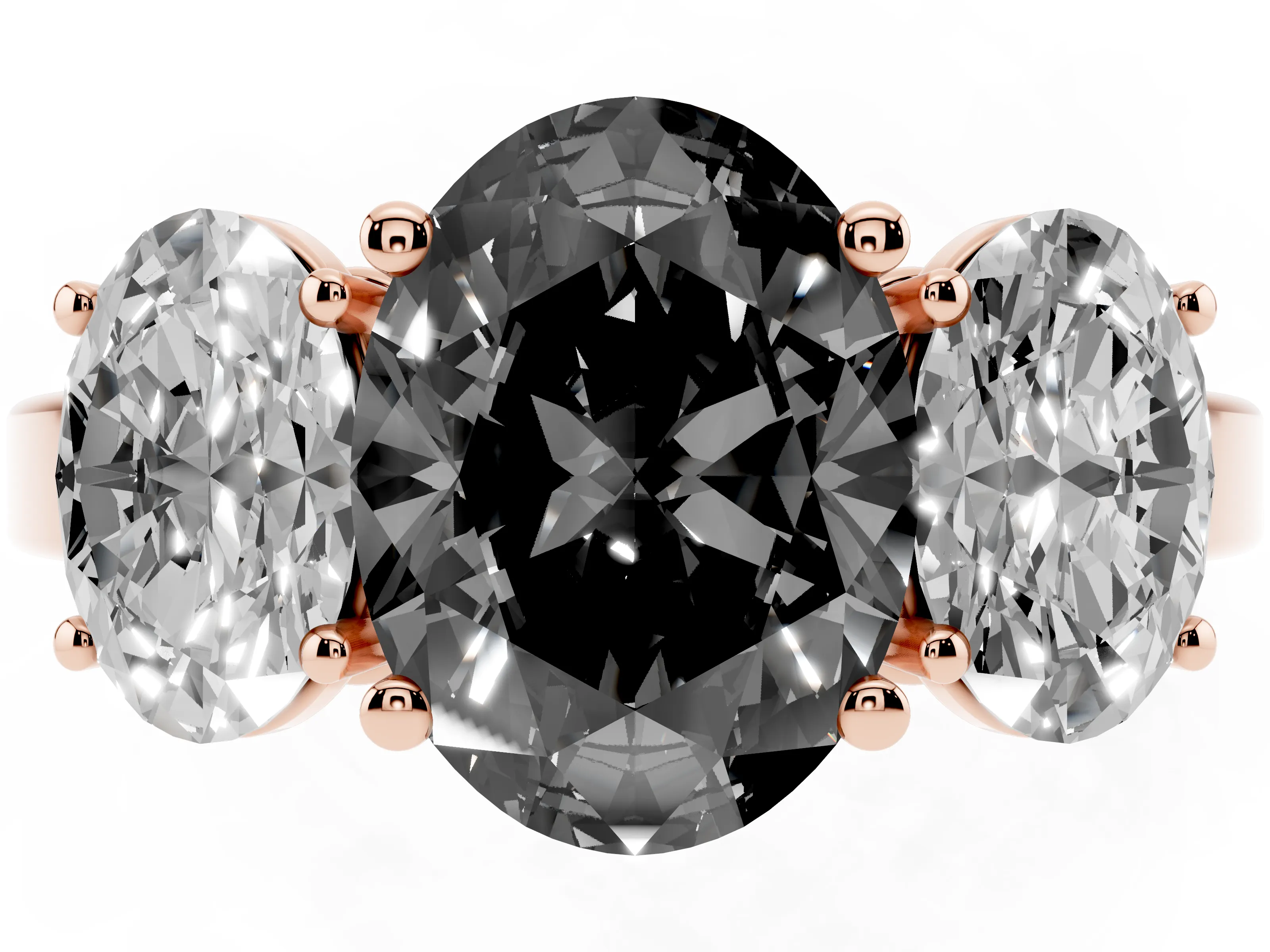 Fancy Black Oval Cut Diamond Three-Stone Engagement Ring Set in Rose gold with Flat Band