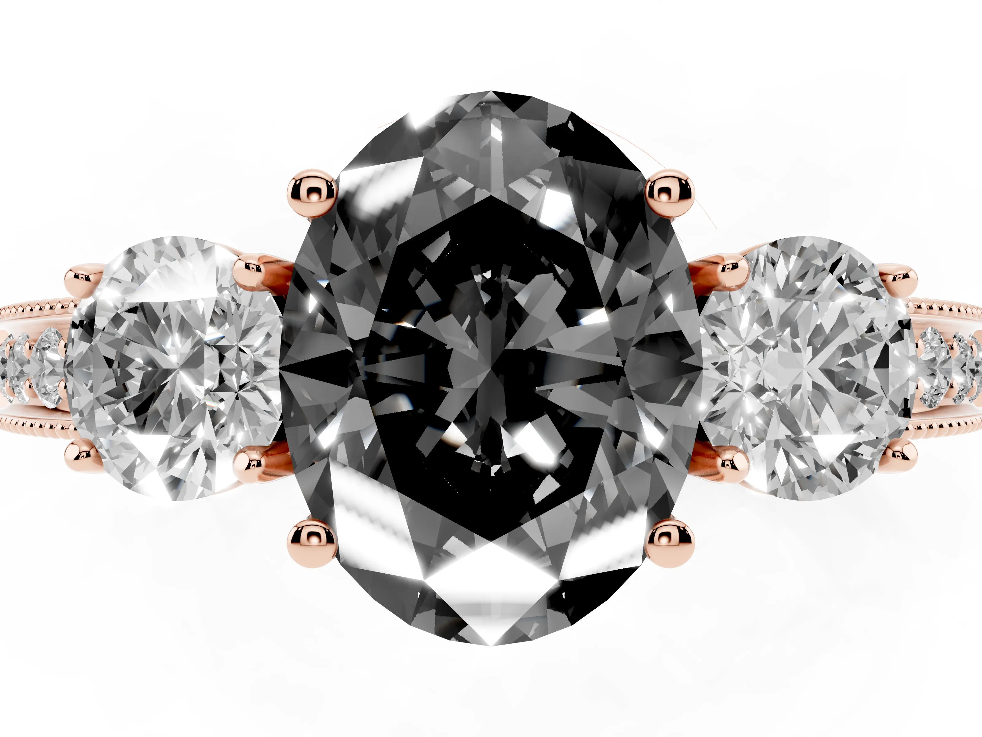 Fancy Black Oval Cut Diamond Three-Stone Ring Set in Rose gold with Round Side Stones and Pavé Band