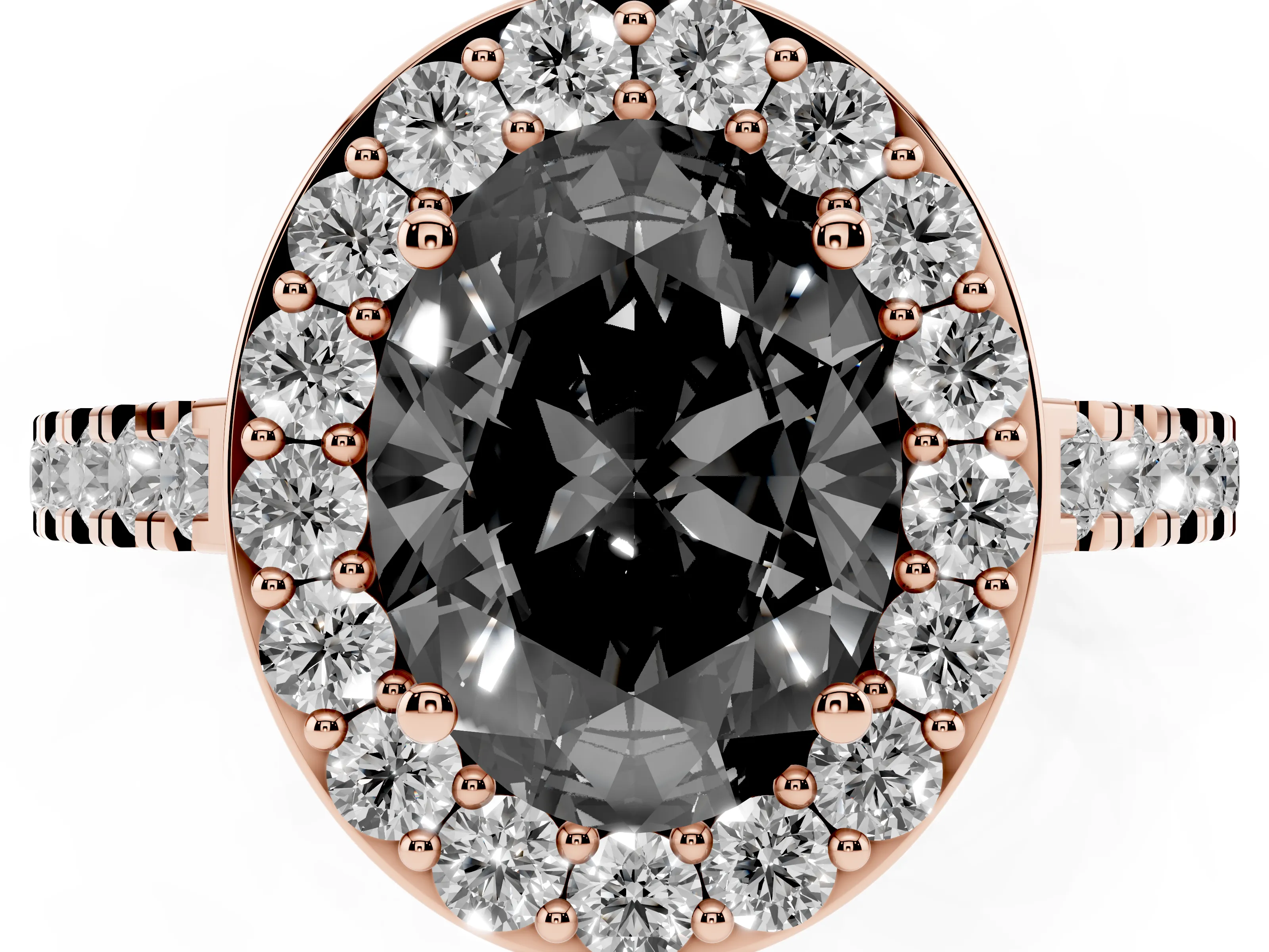Fancy Black Oval Cut Diamond Halo Ring Set in Rose gold with Round Pavé Split Shank and Prong Setting