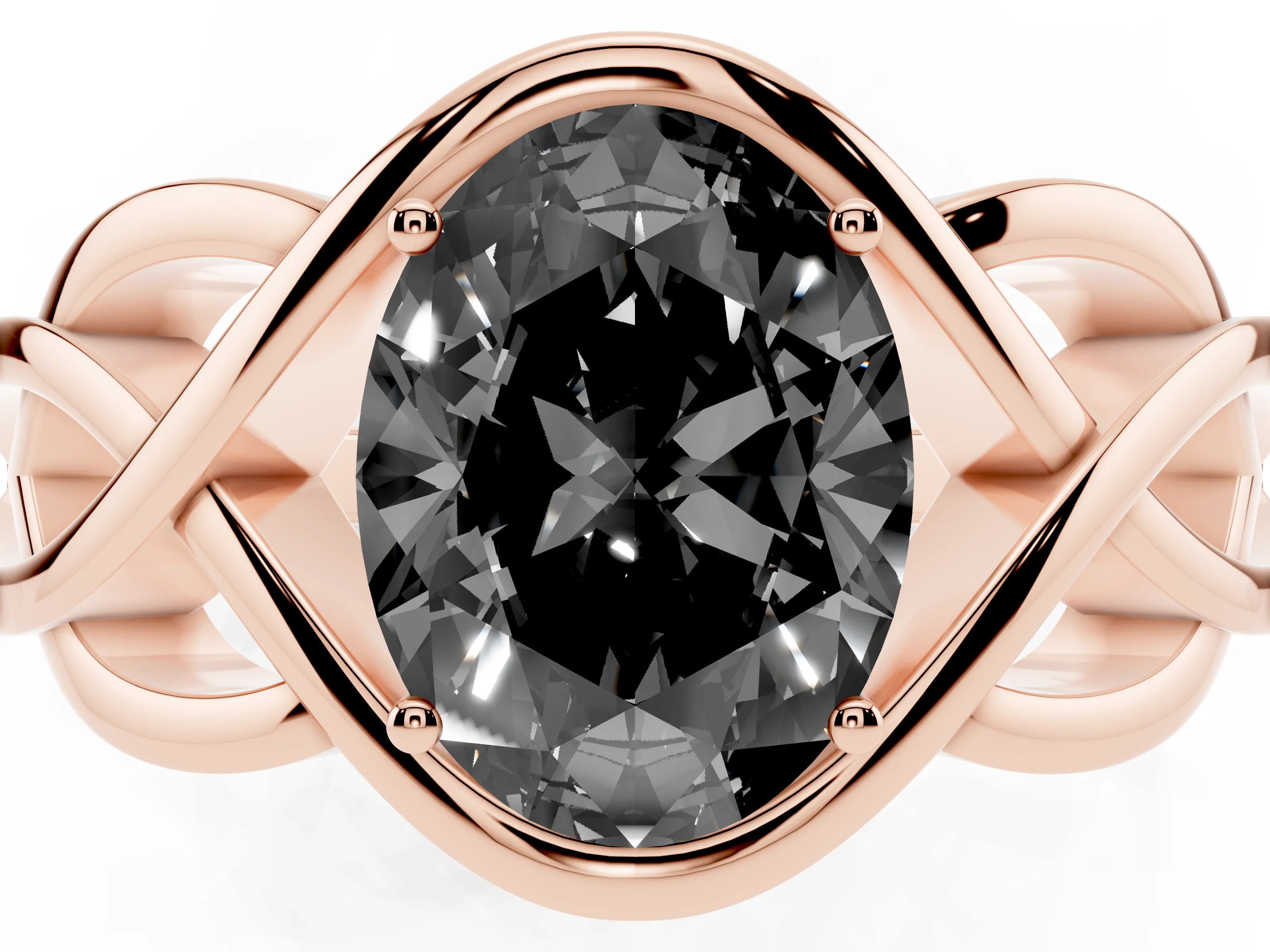 Fancy Black Oval Cut Diamond Solitaire Ring Set in Rose gold with Intertwined Band