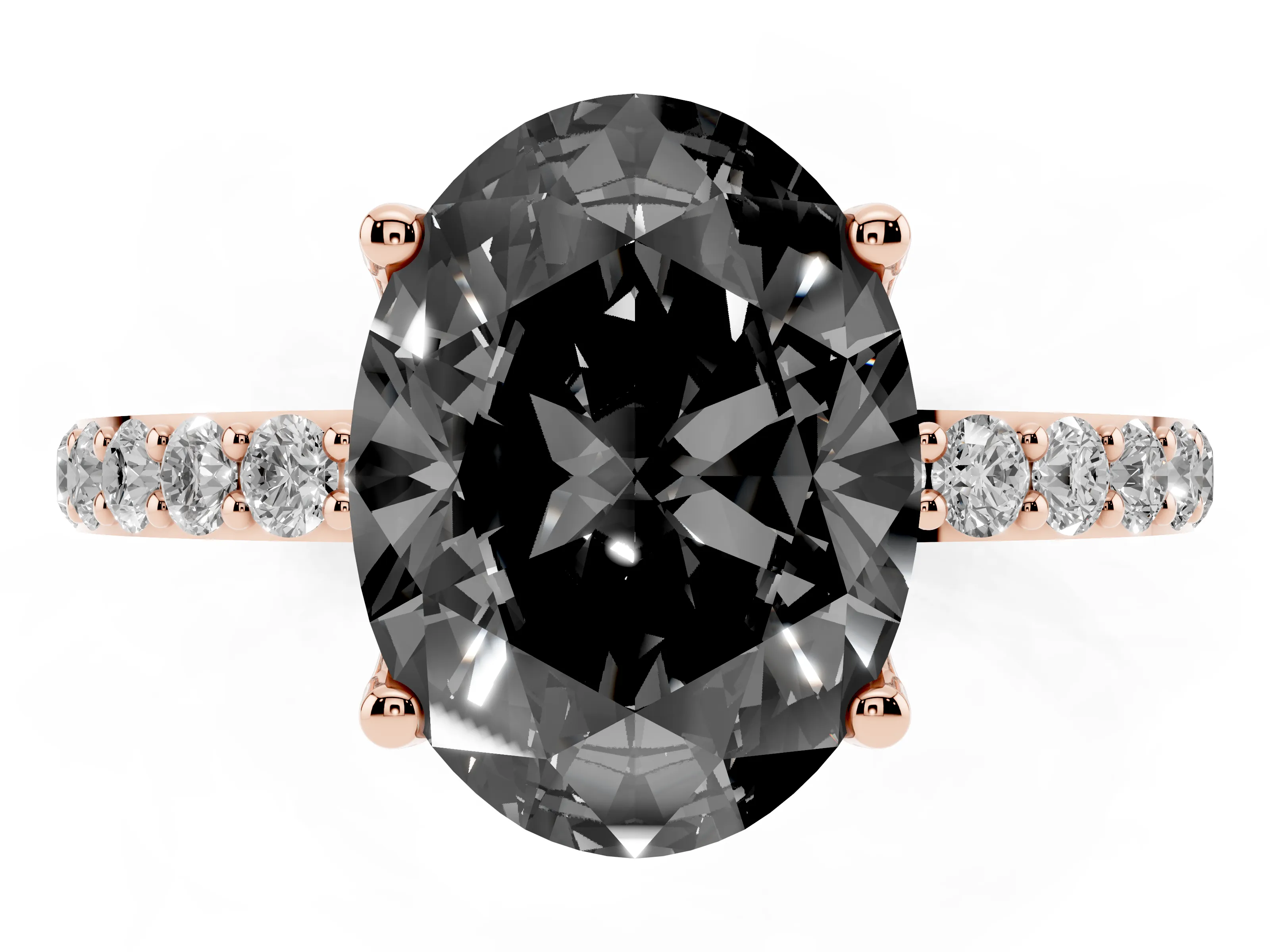Fancy Black Oval Cut Diamond Solitaire Engagement Ring Set in Rose gold with Round Pavé Band and Prong Setting